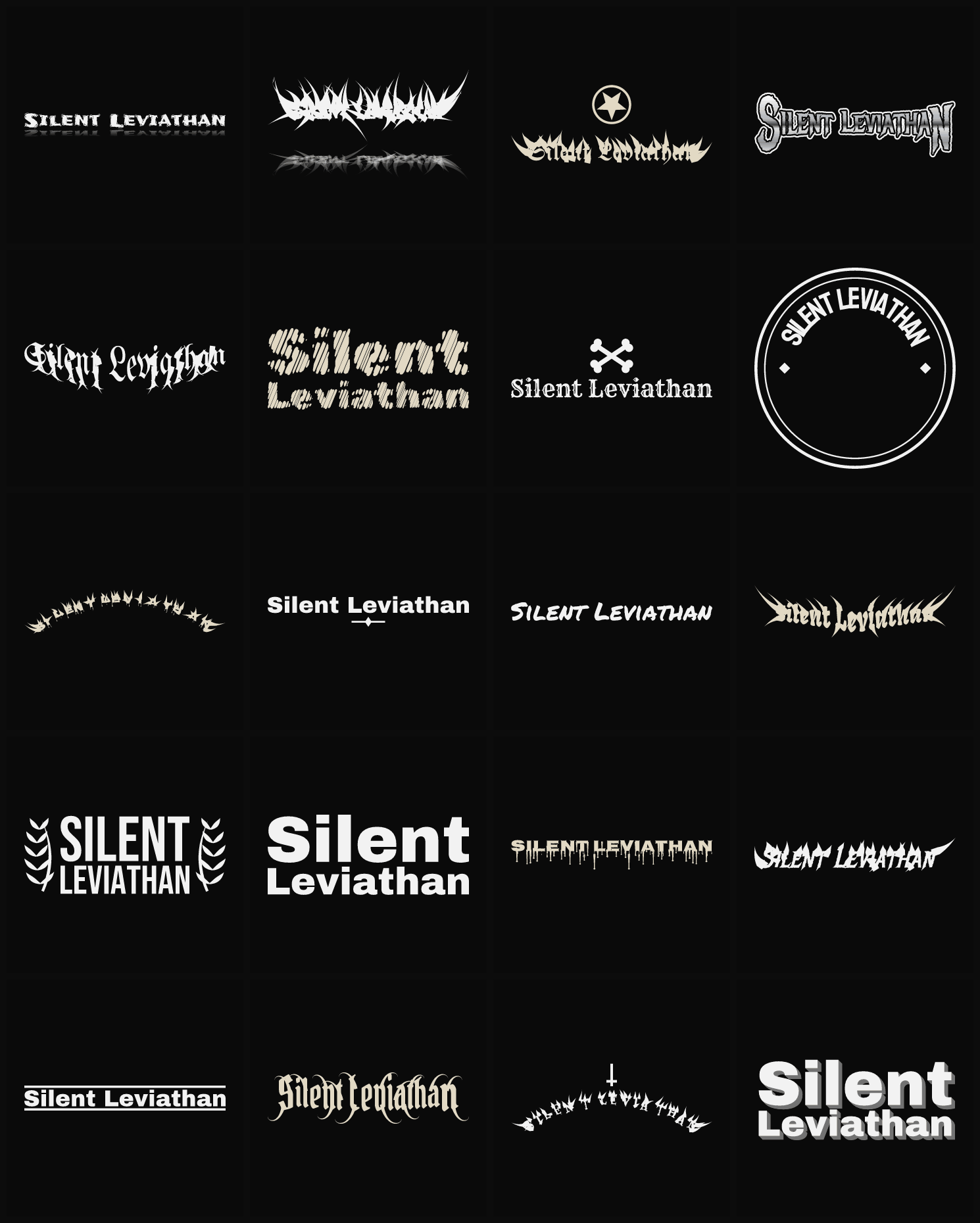 Twenty Silent Leviathan band logo ideas — different faces, treatments and spike settings