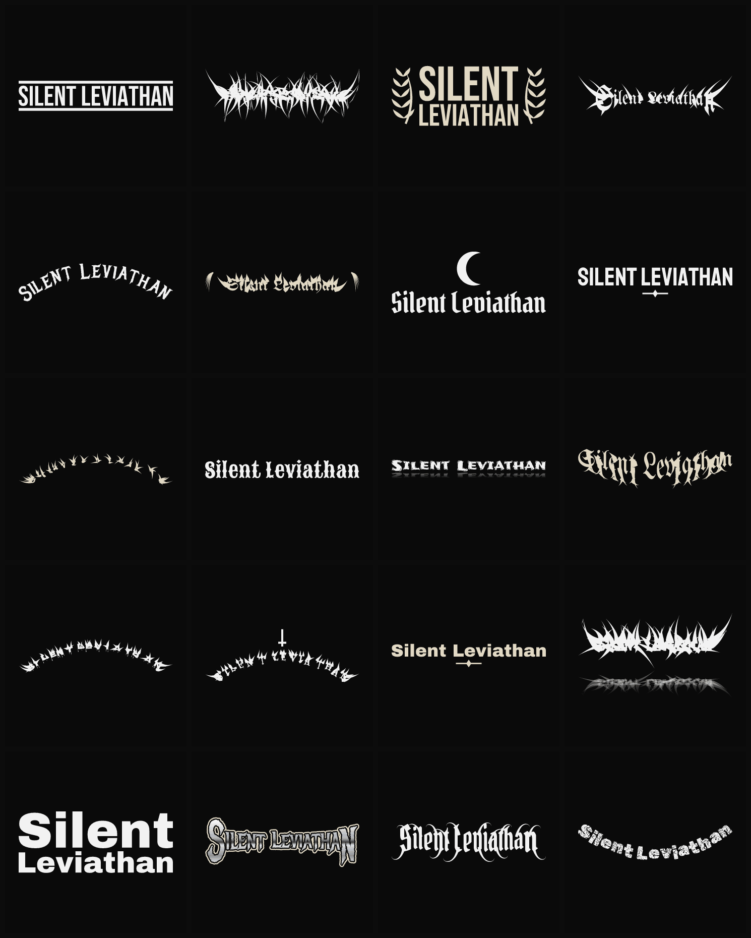 Twenty Silent Leviathan band logo ideas — different faces, treatments and spike settings