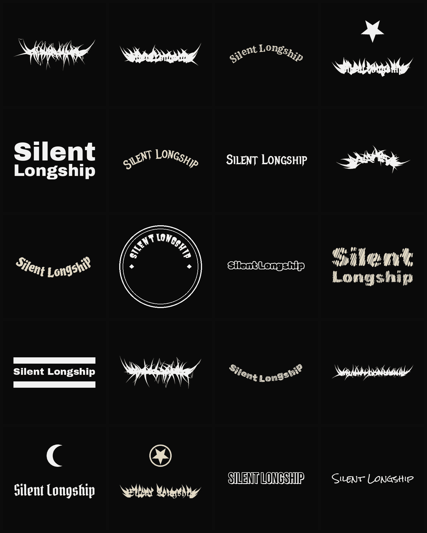 Twenty Silent Longship band logo ideas — different faces, treatments and spike settings