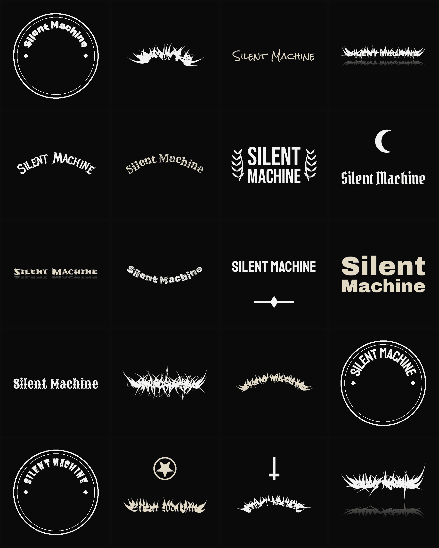 Twenty Silent Machine band logo ideas — different faces, treatments and spike settings
