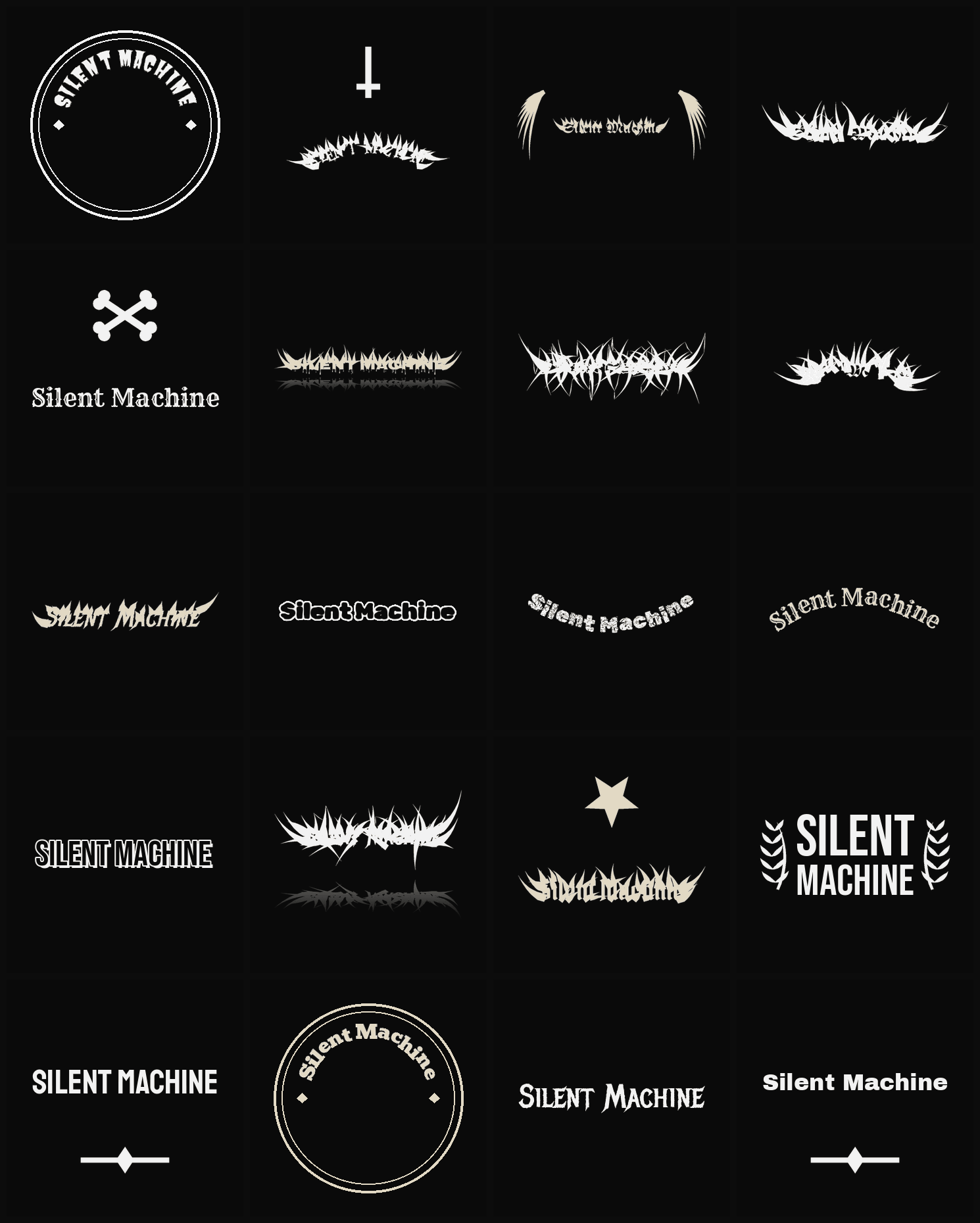 Twenty Silent Machine band logo ideas — different faces, treatments and spike settings