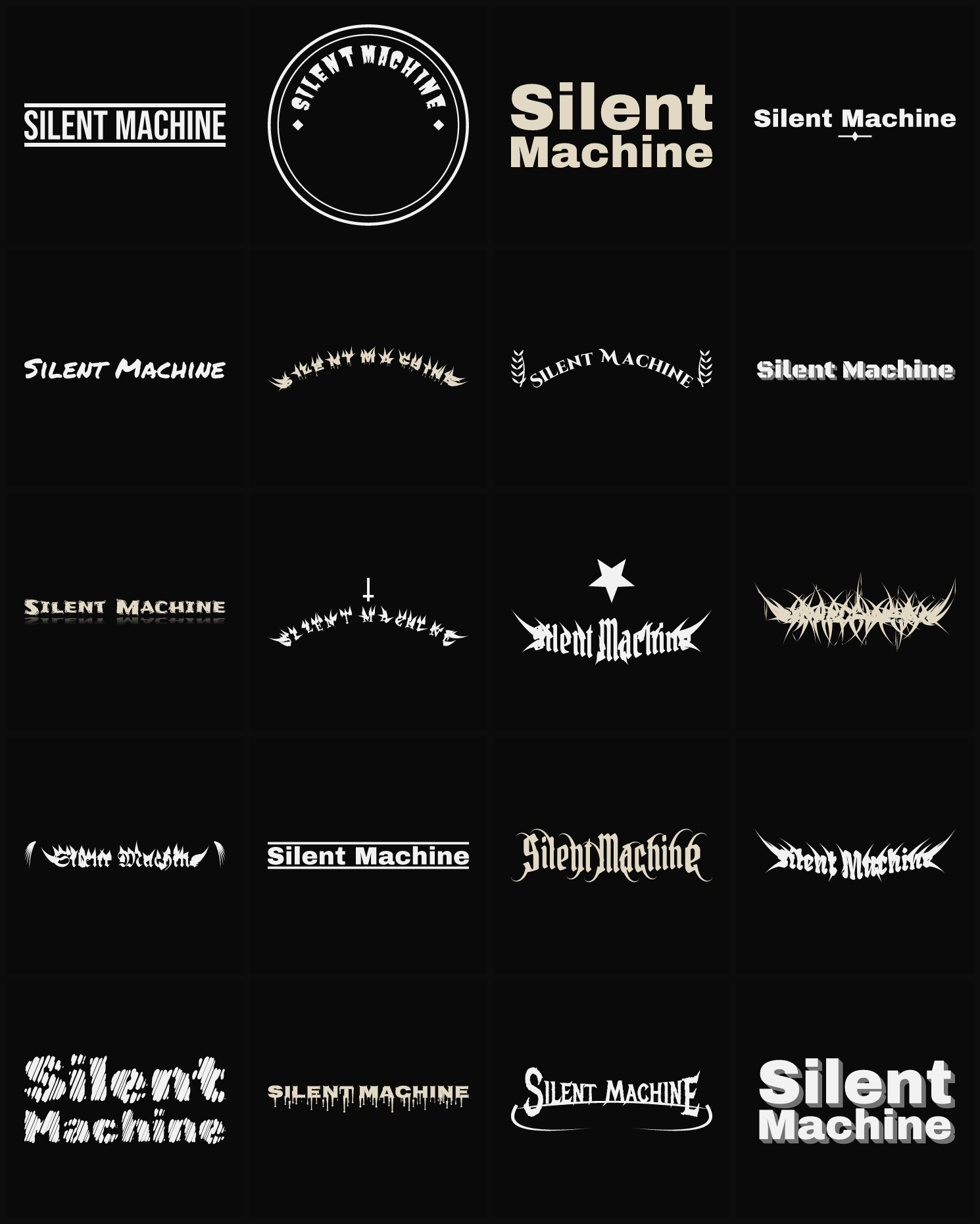Twenty Silent Machine band logo ideas — different faces, treatments and spike settings