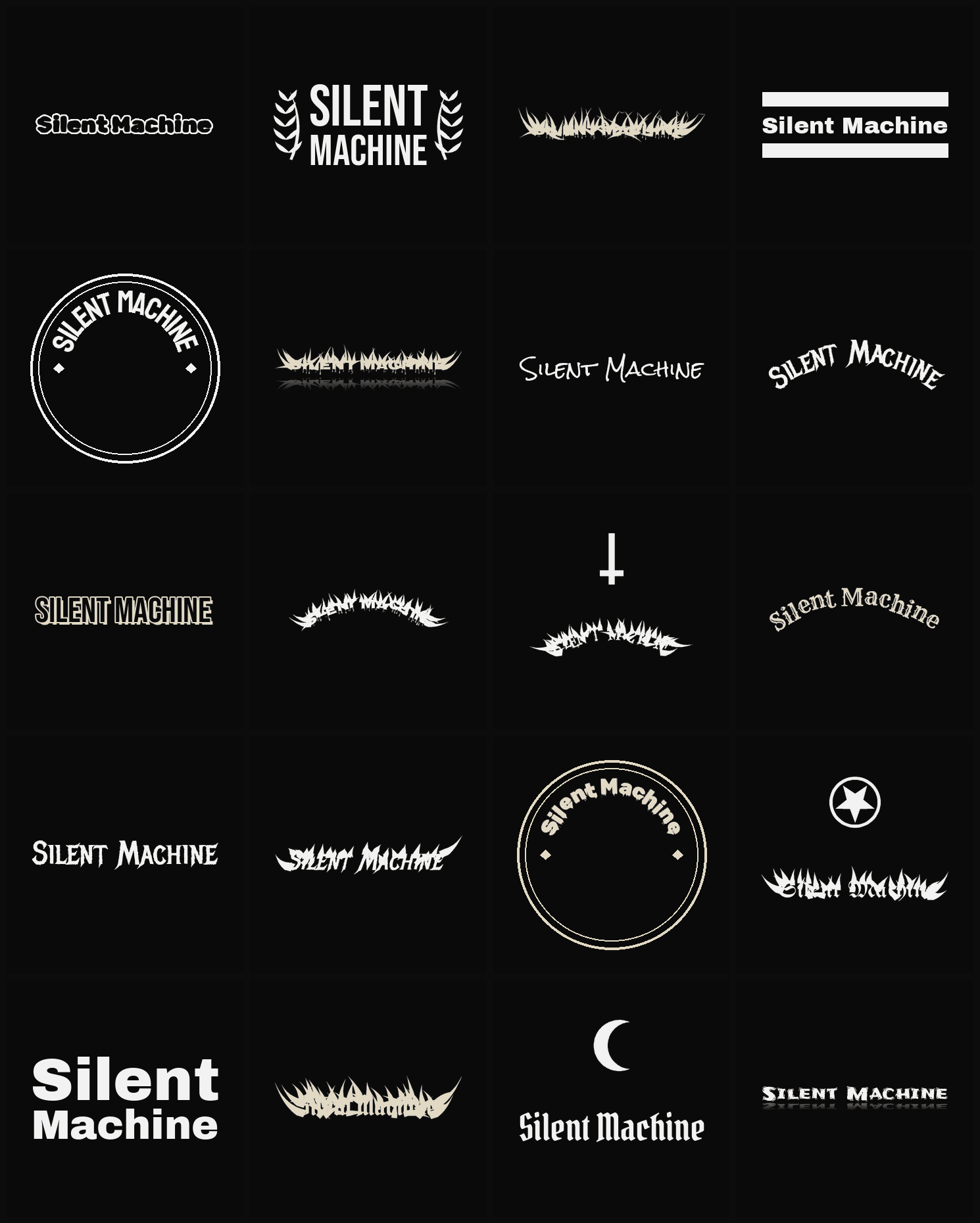 Twenty Silent Machine band logo ideas — different faces, treatments and spike settings