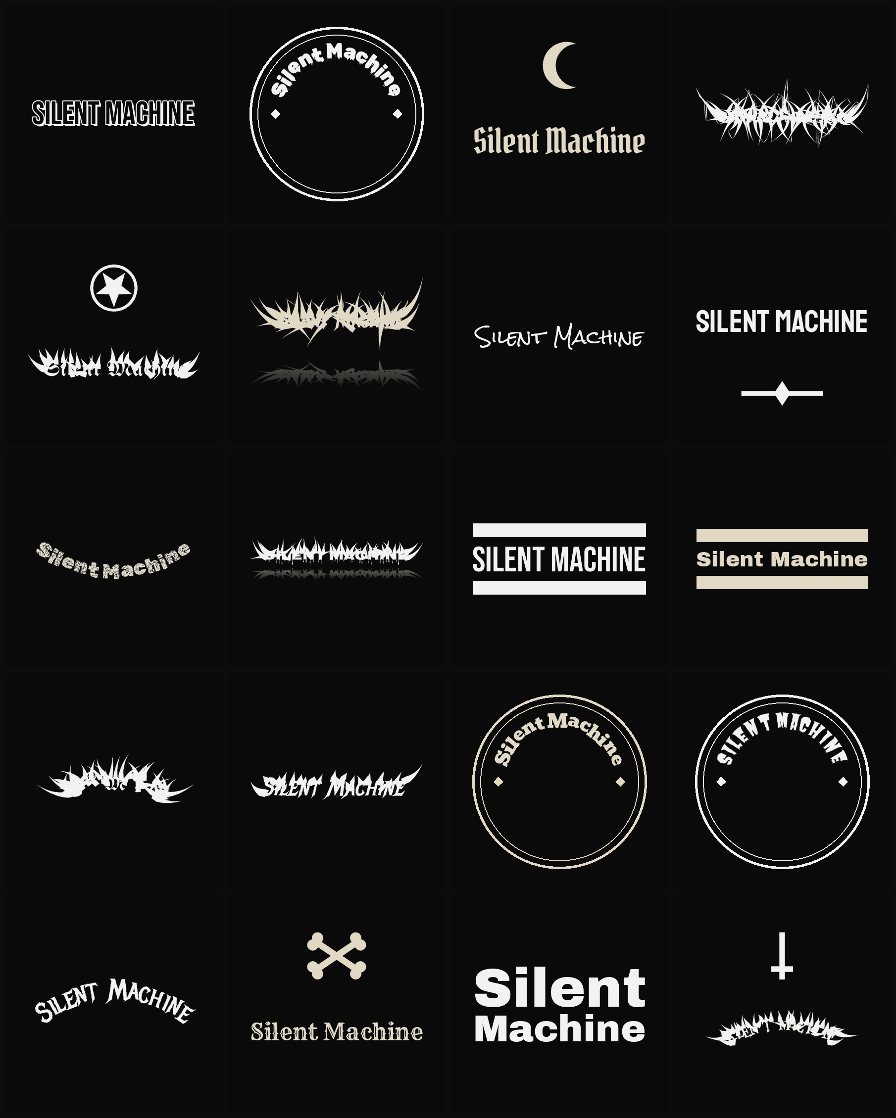 Twenty Silent Machine band logo ideas — different faces, treatments and spike settings