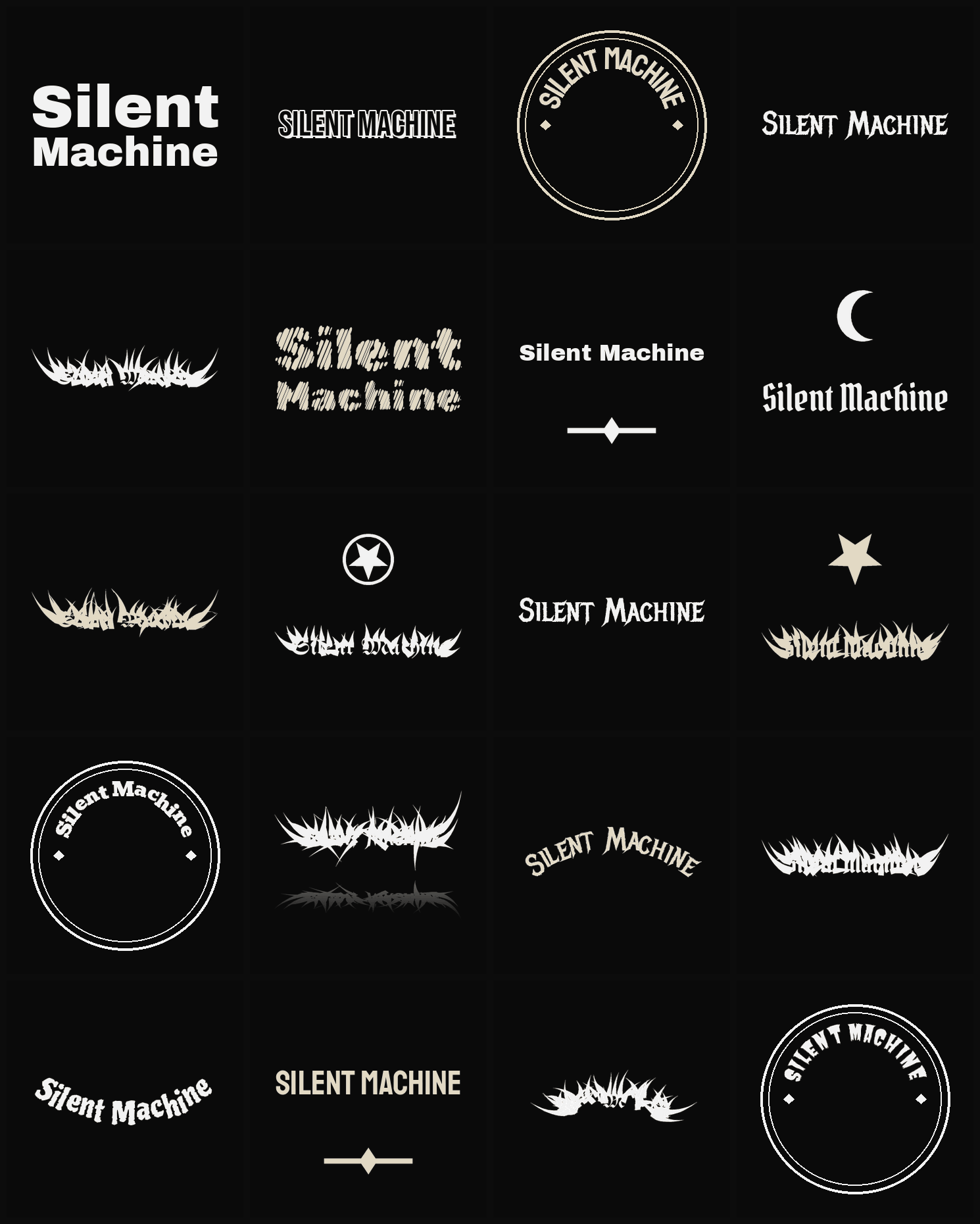 Twenty Silent Machine band logo ideas — different faces, treatments and spike settings
