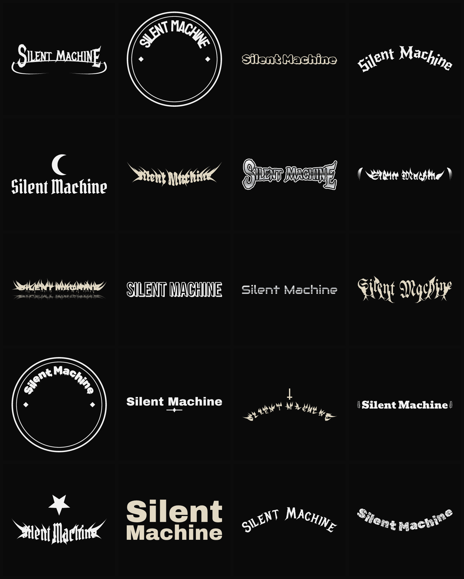 Twenty Silent Machine band logo ideas — different faces, treatments and spike settings