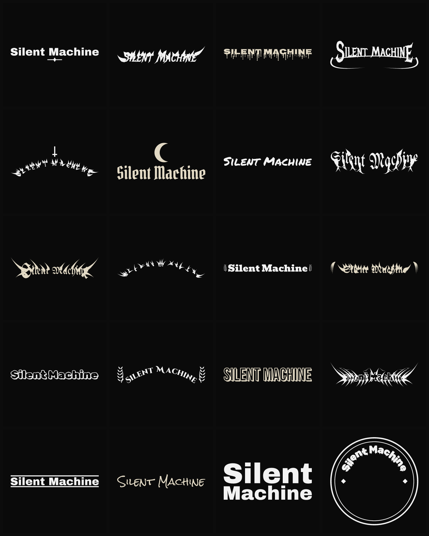 Twenty Silent Machine band logo ideas — different faces, treatments and spike settings