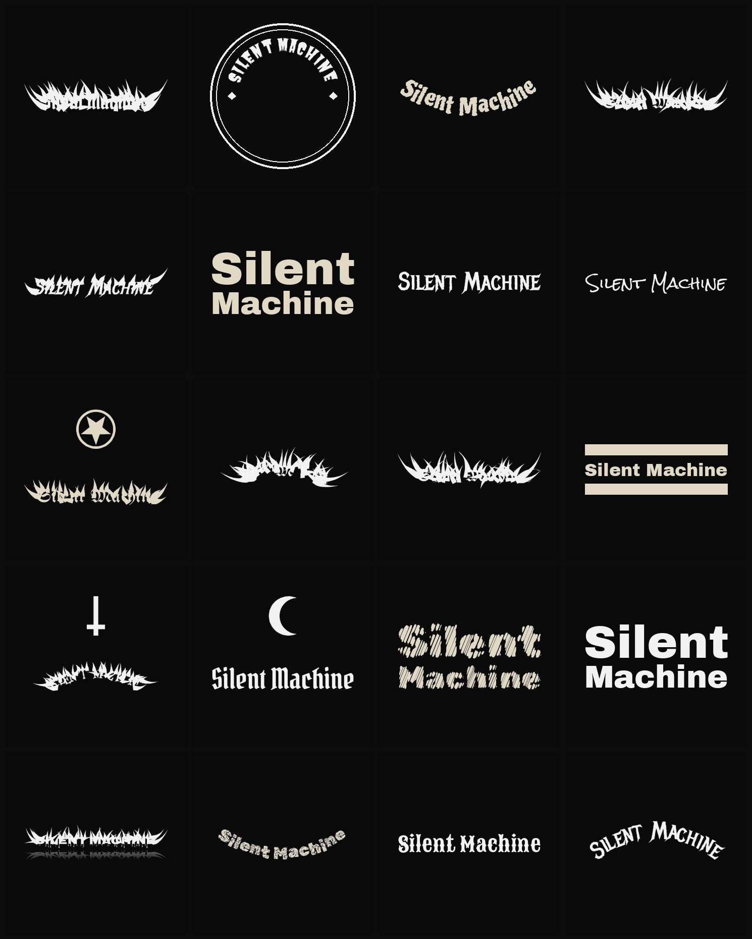 Twenty Silent Machine band logo ideas — different faces, treatments and spike settings