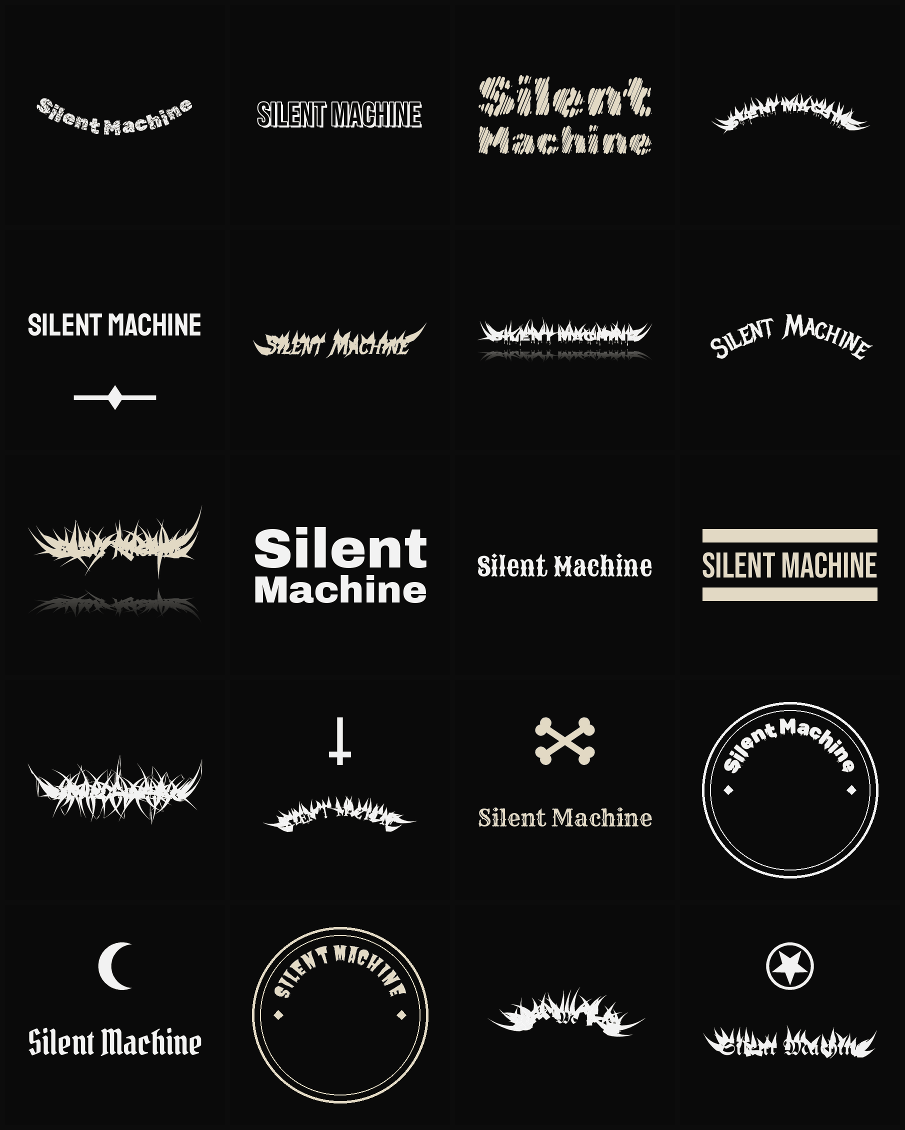 Twenty Silent Machine band logo ideas — different faces, treatments and spike settings