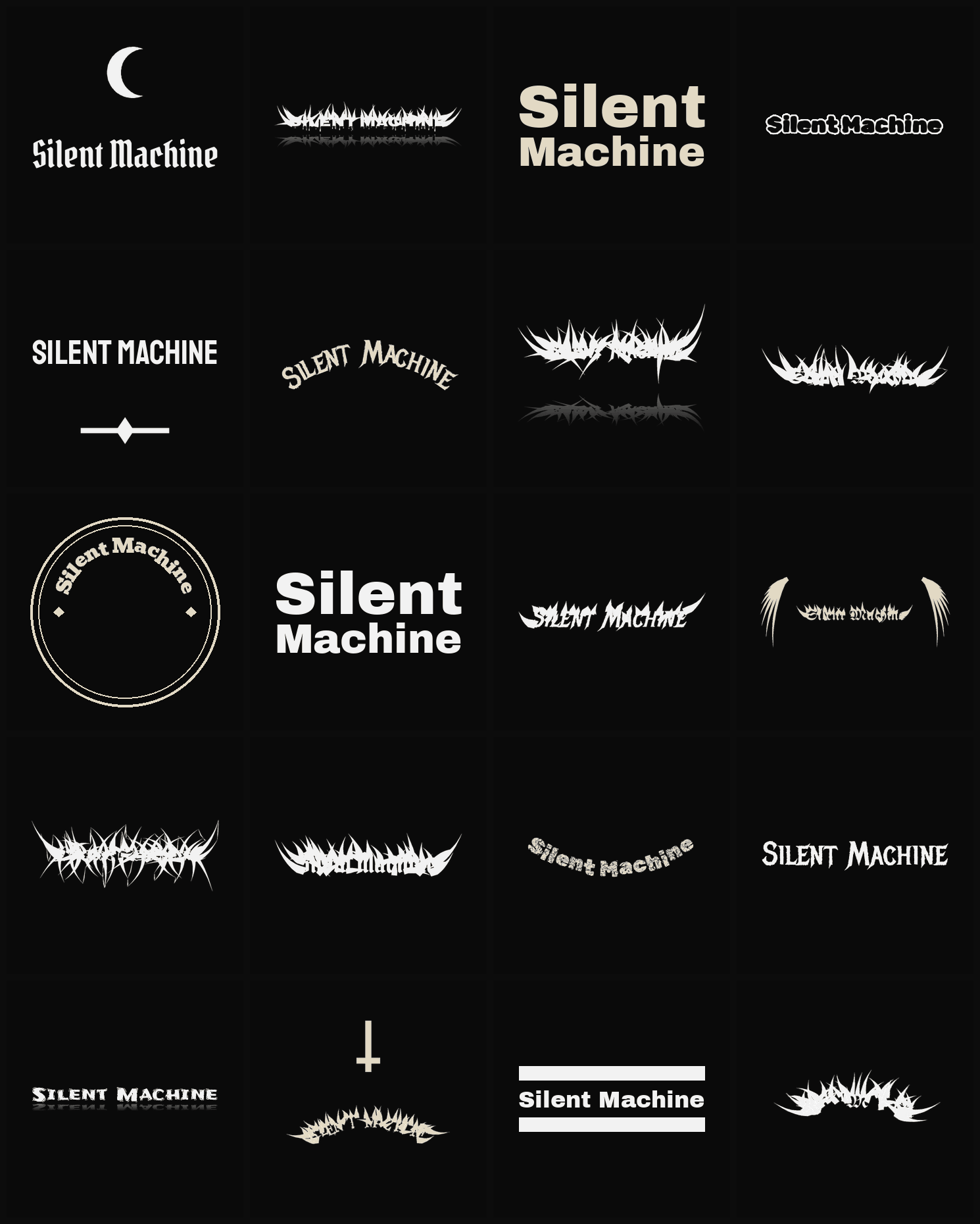 Twenty Silent Machine band logo ideas — different faces, treatments and spike settings