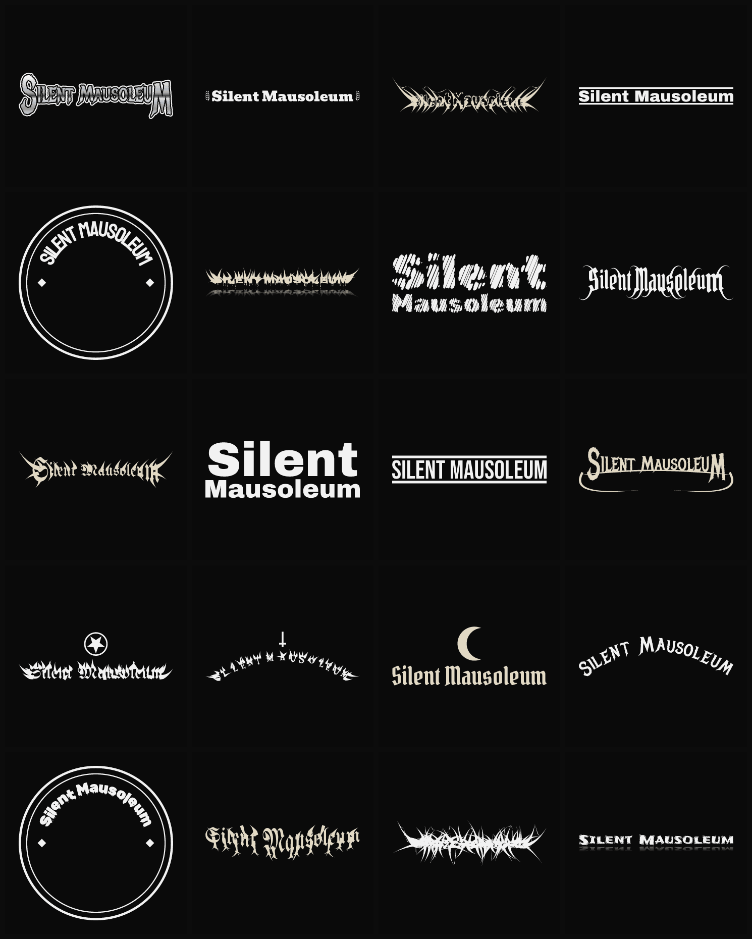 Twenty Silent Mausoleum band logo ideas — different faces, treatments and spike settings
