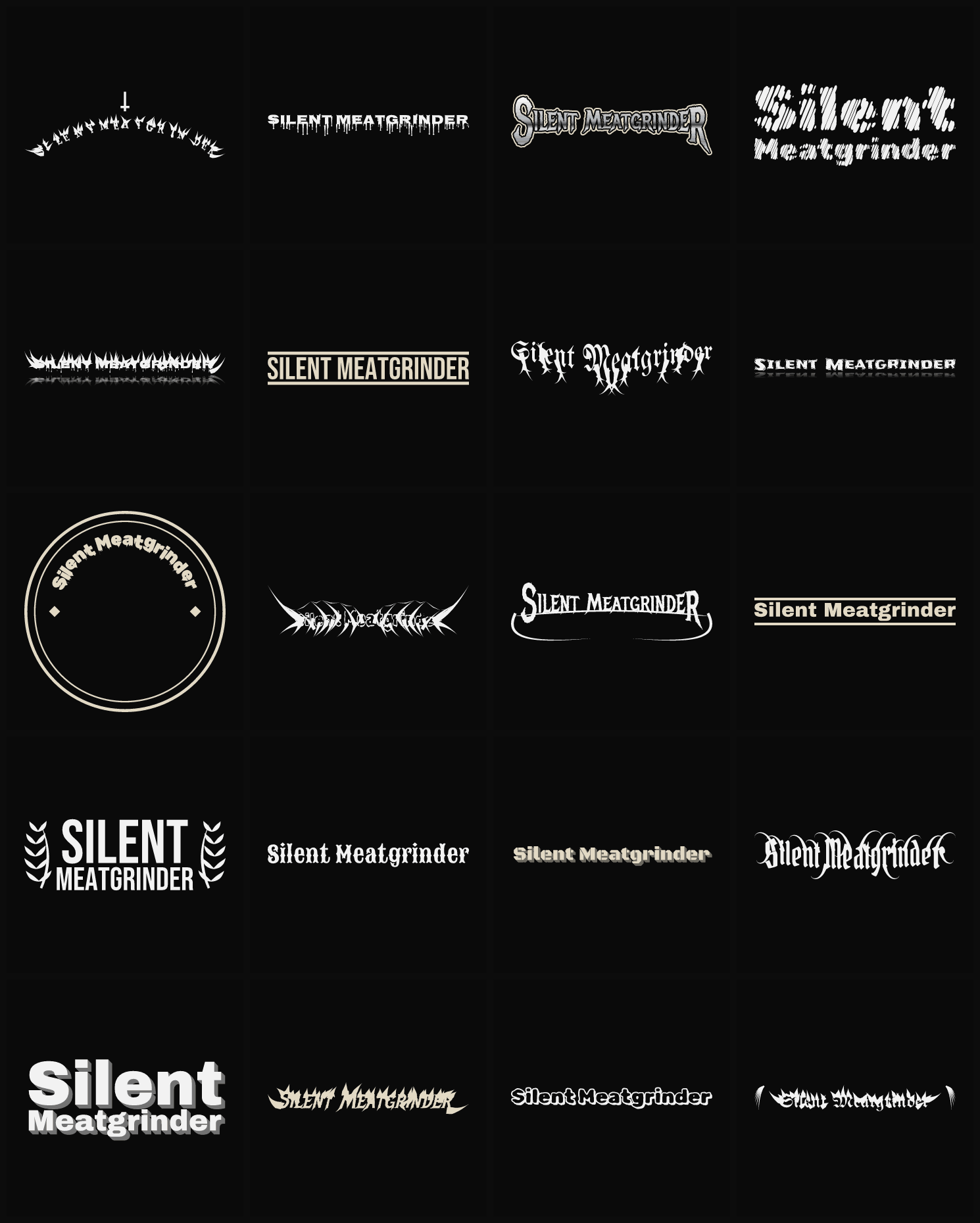 Twenty Silent Meatgrinder band logo ideas — different faces, treatments and spike settings
