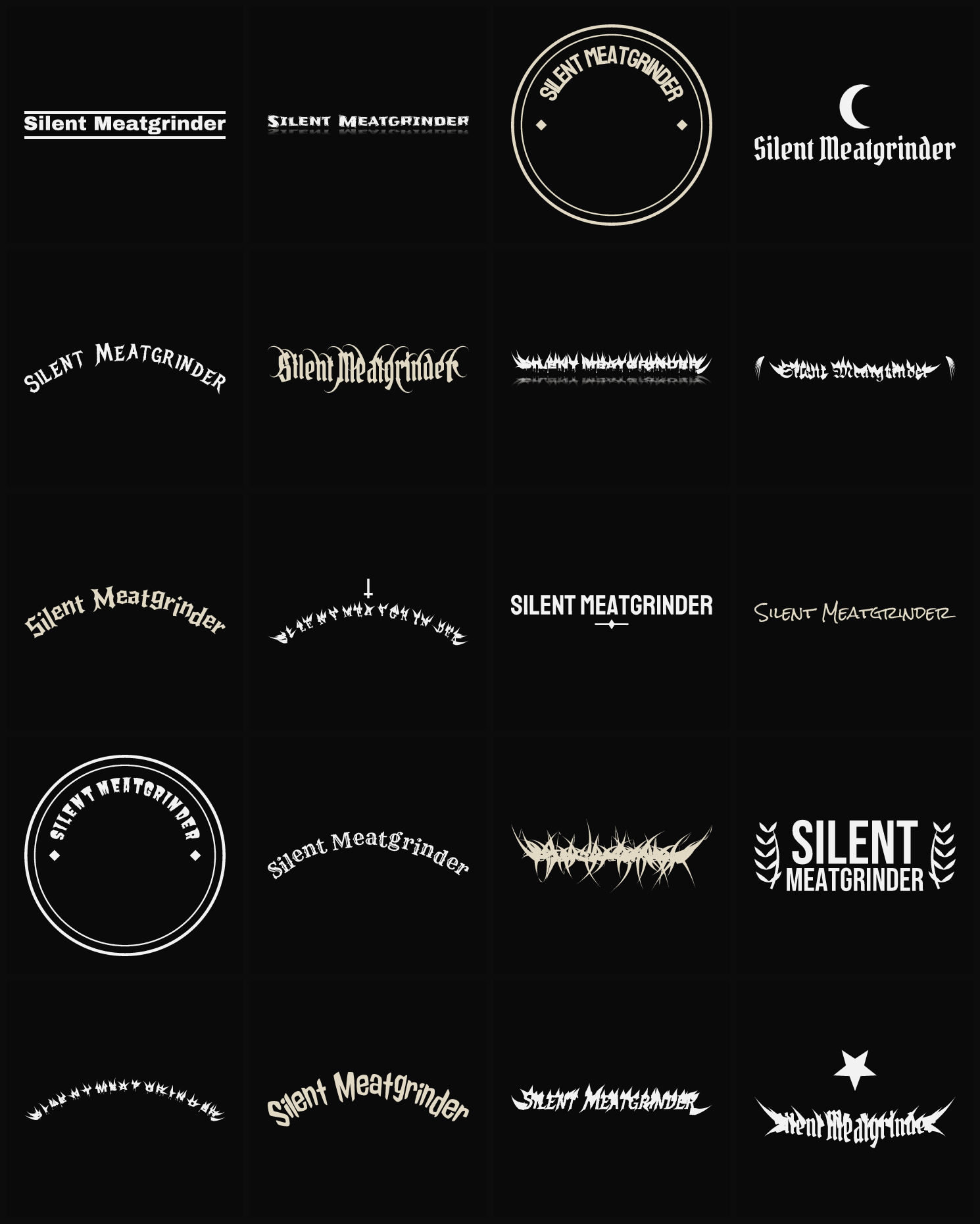 Twenty Silent Meatgrinder band logo ideas — different faces, treatments and spike settings