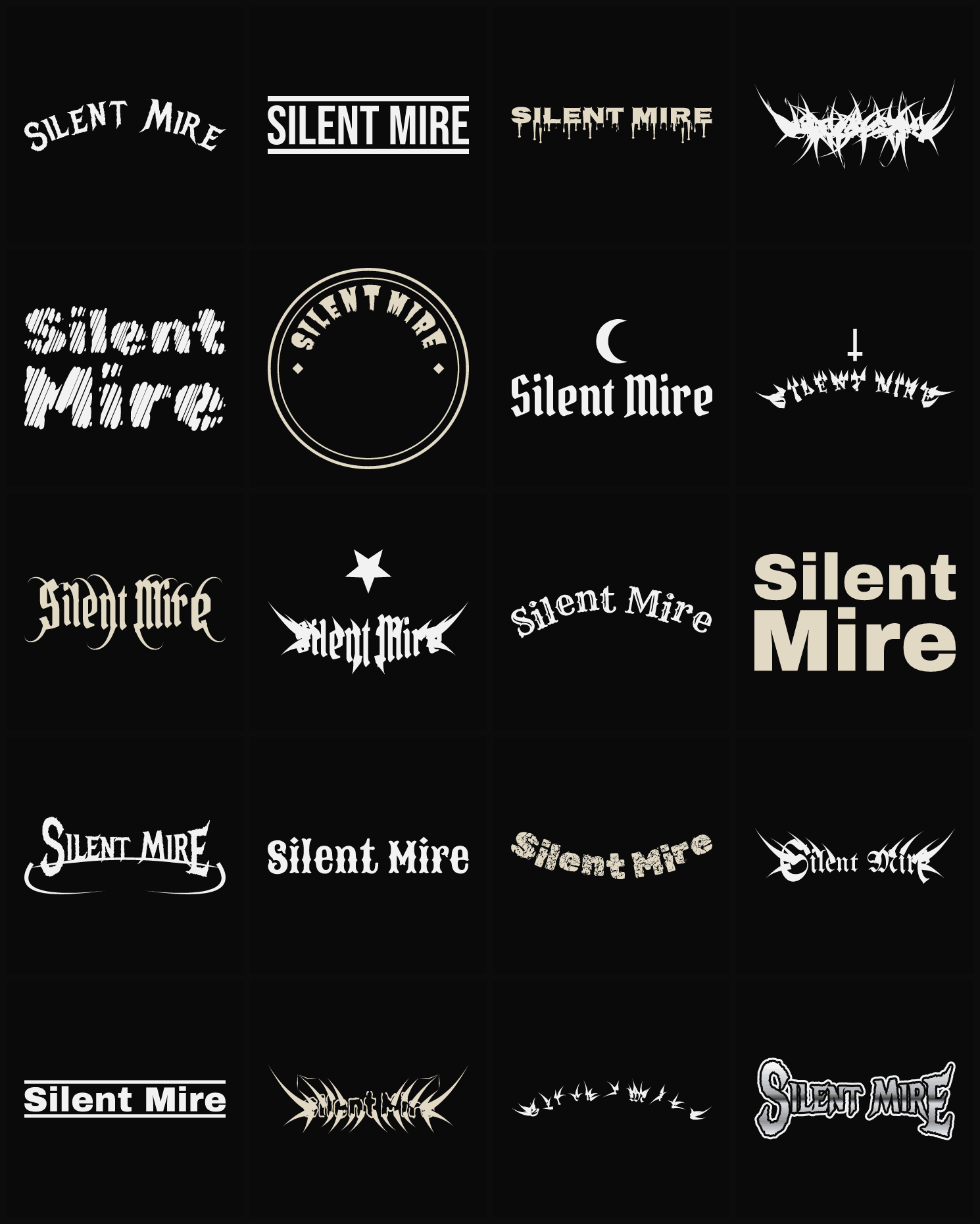 Twenty Silent Mire band logo ideas — different faces, treatments and spike settings