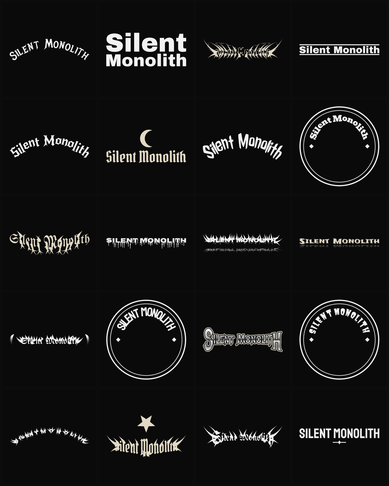 Twenty Silent Monolith band logo ideas — different faces, treatments and spike settings