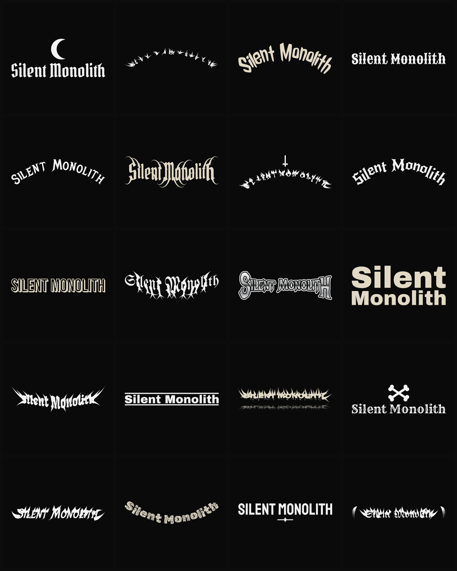 Twenty Silent Monolith band logo ideas — different faces, treatments and spike settings
