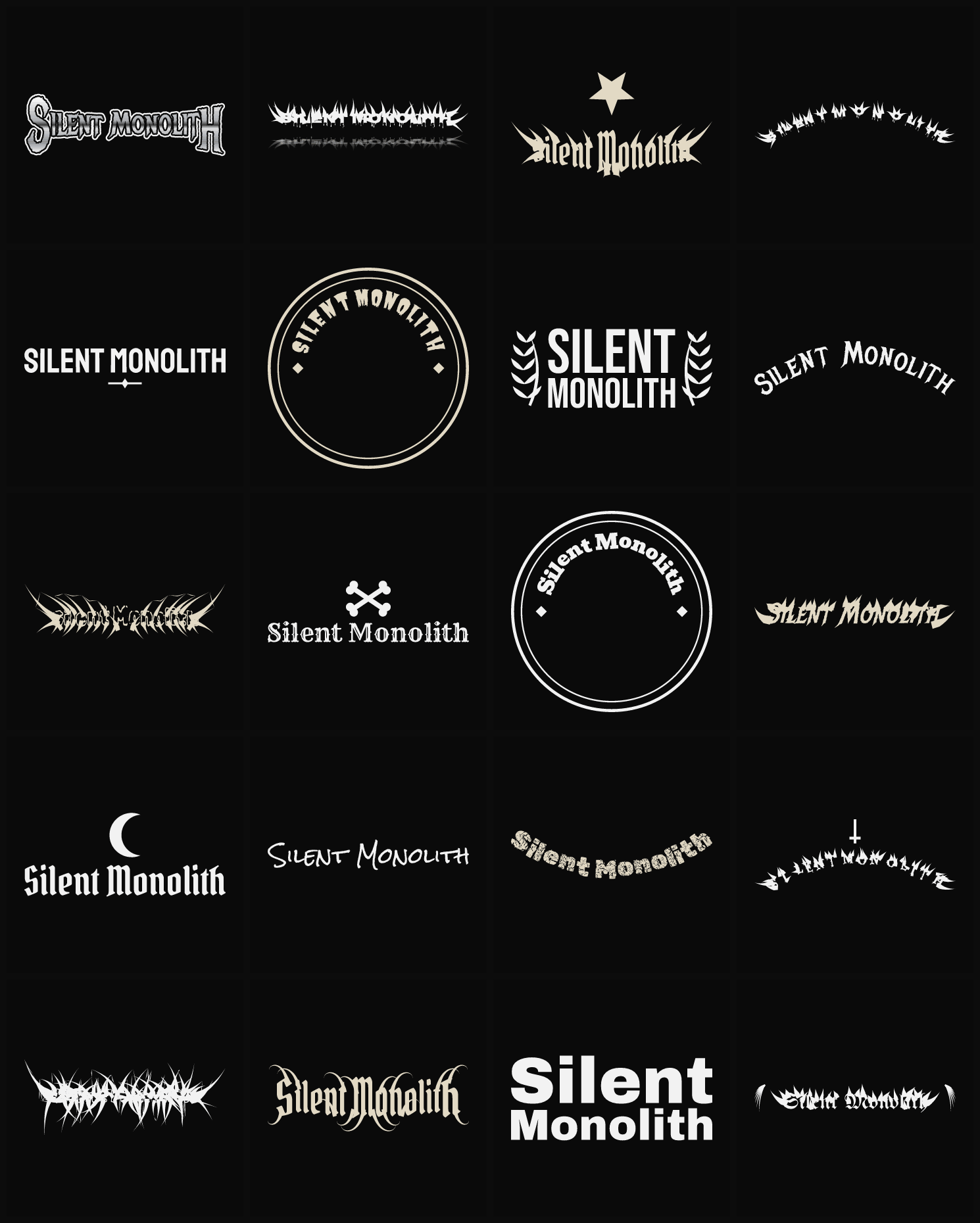 Twenty Silent Monolith band logo ideas — different faces, treatments and spike settings