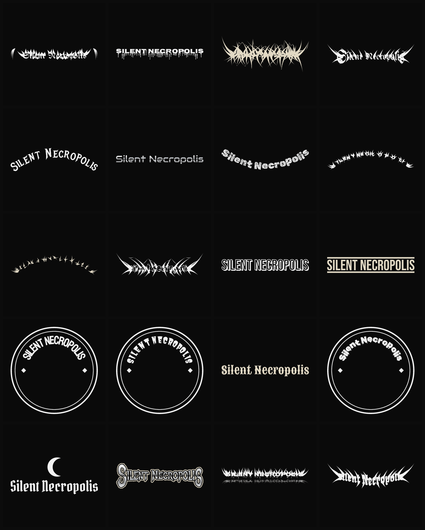 Twenty Silent Necropolis band logo ideas — different faces, treatments and spike settings