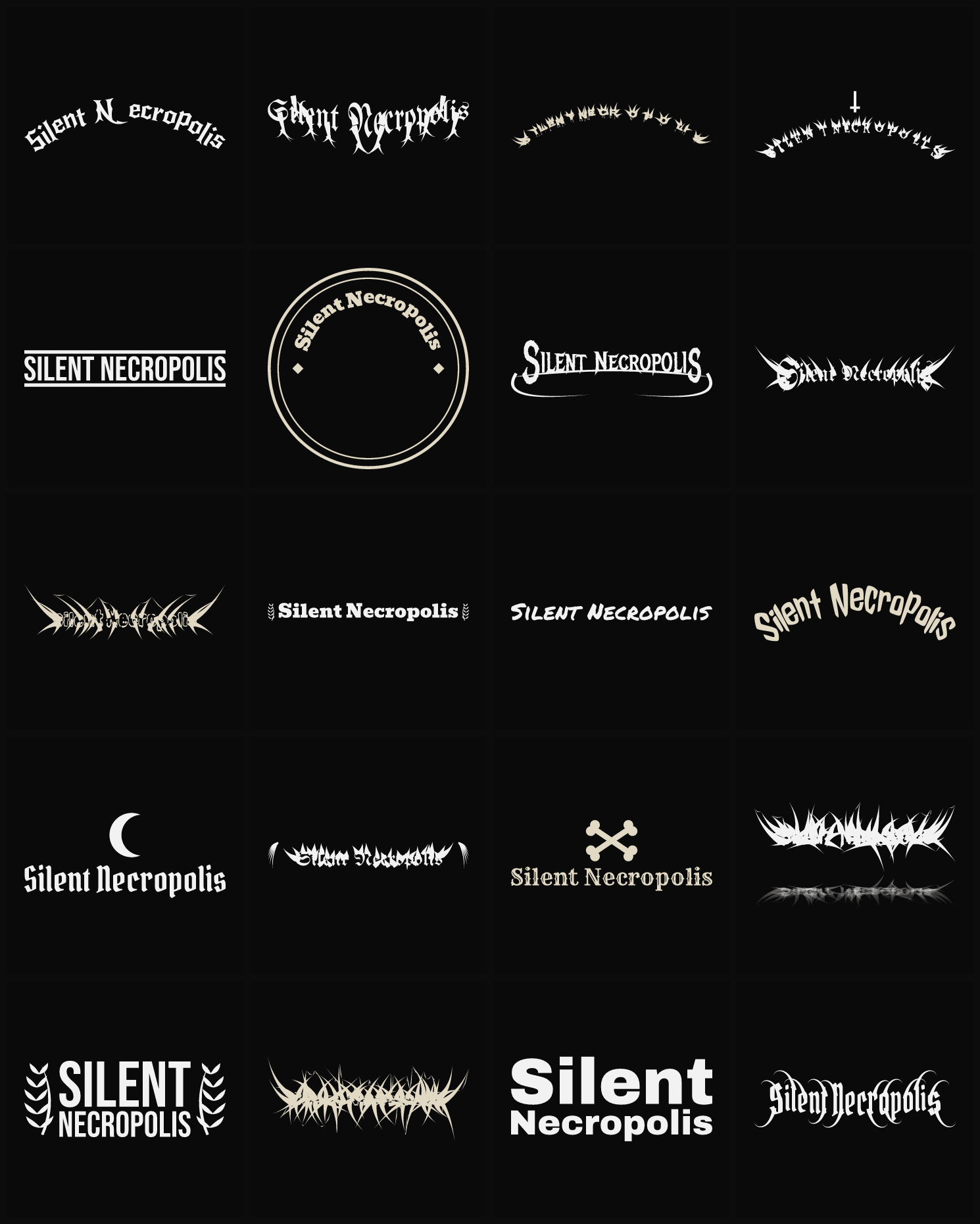 Twenty Silent Necropolis band logo ideas — different faces, treatments and spike settings