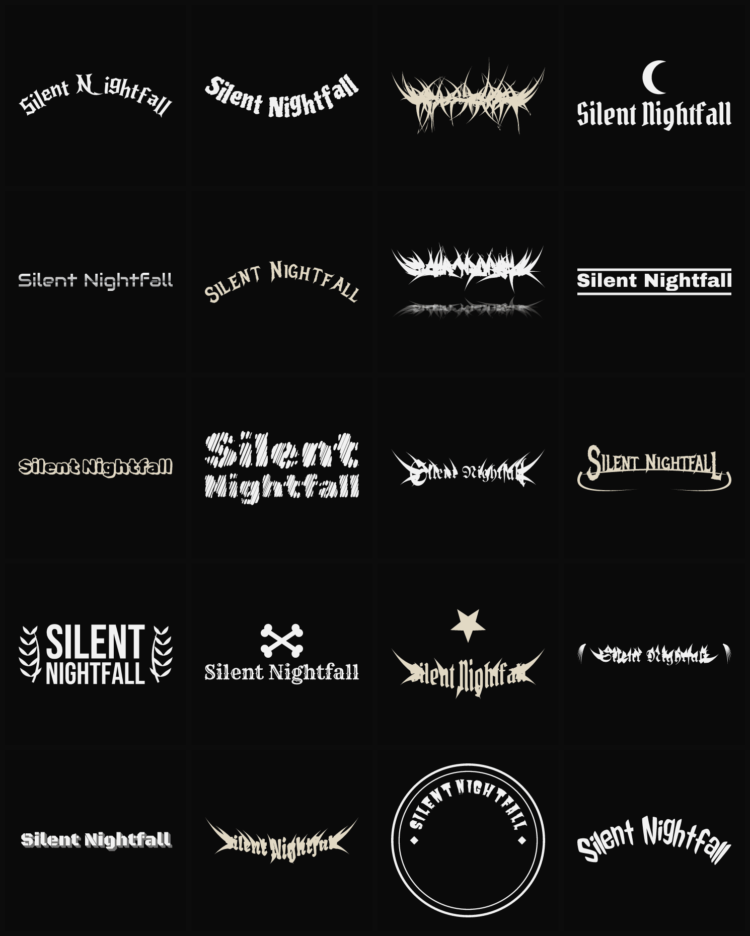 Twenty Silent Nightfall band logo ideas — different faces, treatments and spike settings