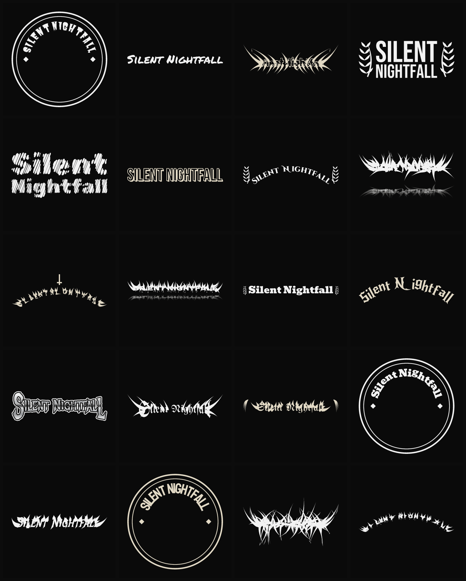 Twenty Silent Nightfall band logo ideas — different faces, treatments and spike settings