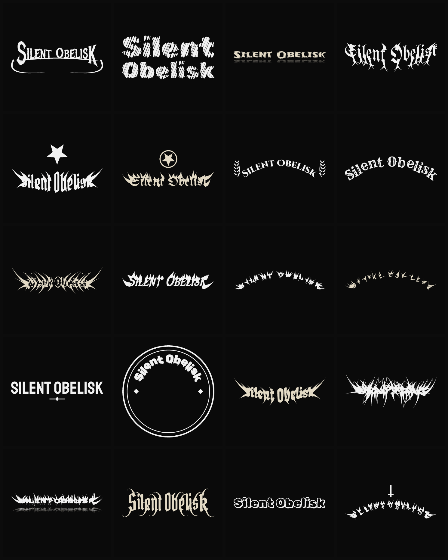Twenty Silent Obelisk band logo ideas — different faces, treatments and spike settings