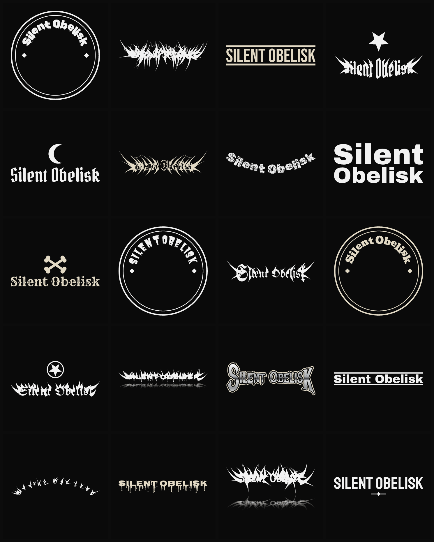Twenty Silent Obelisk band logo ideas — different faces, treatments and spike settings