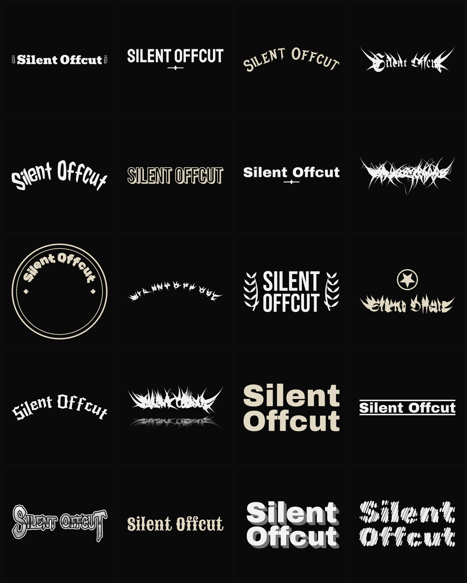 Twenty Silent Offcut band logo ideas — different faces, treatments and spike settings