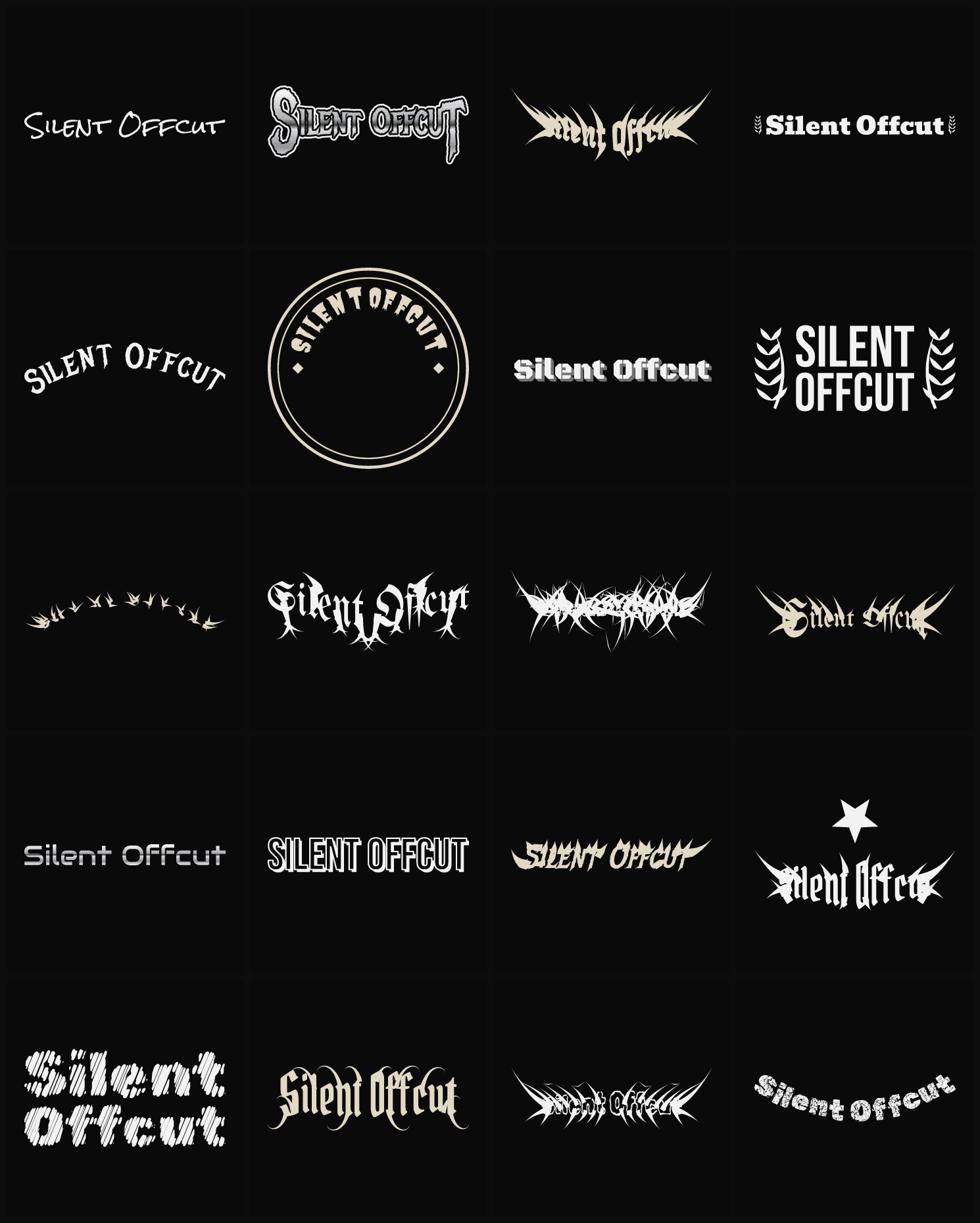 Twenty Silent Offcut band logo ideas — different faces, treatments and spike settings