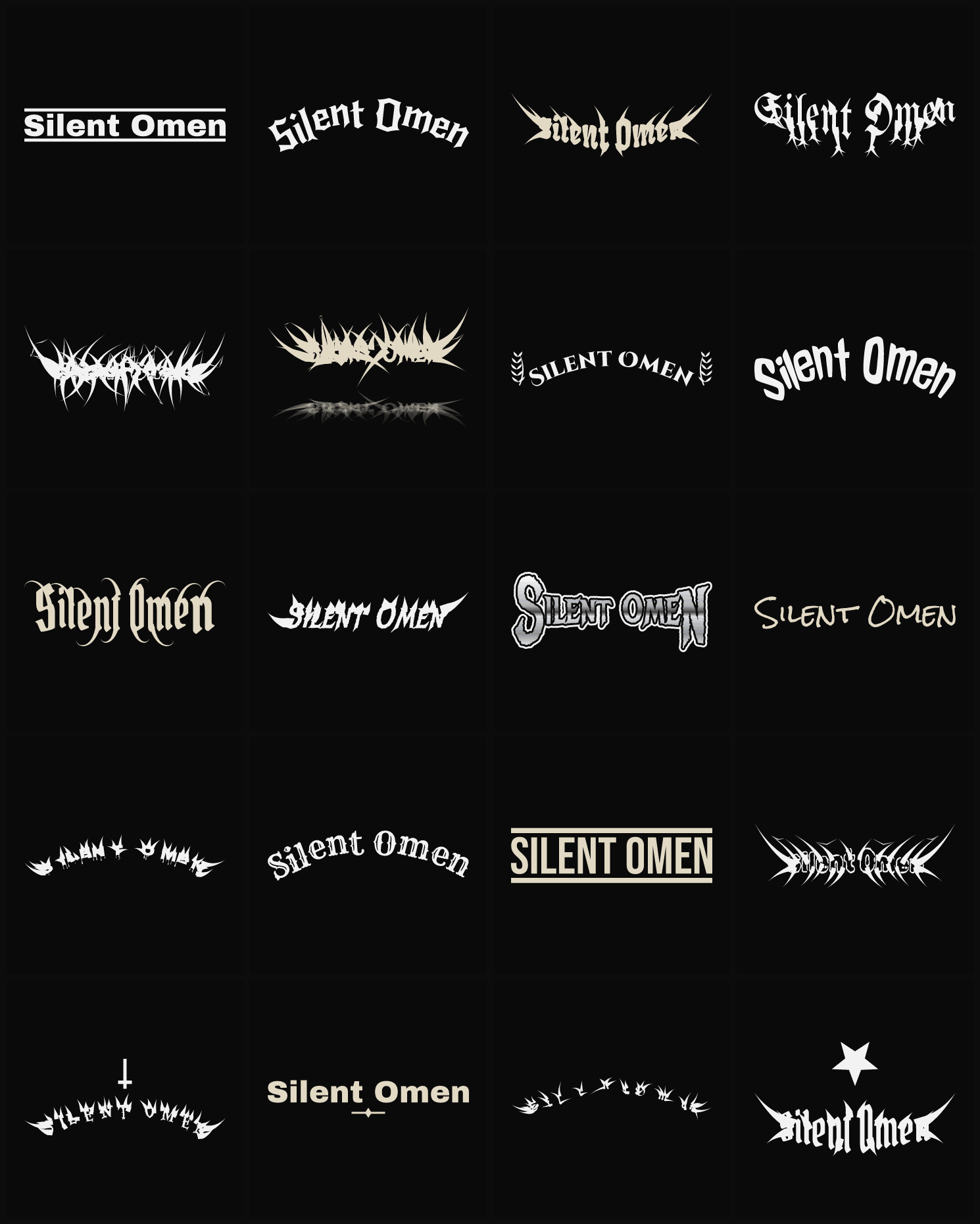 Twenty Silent Omen band logo ideas — different faces, treatments and spike settings