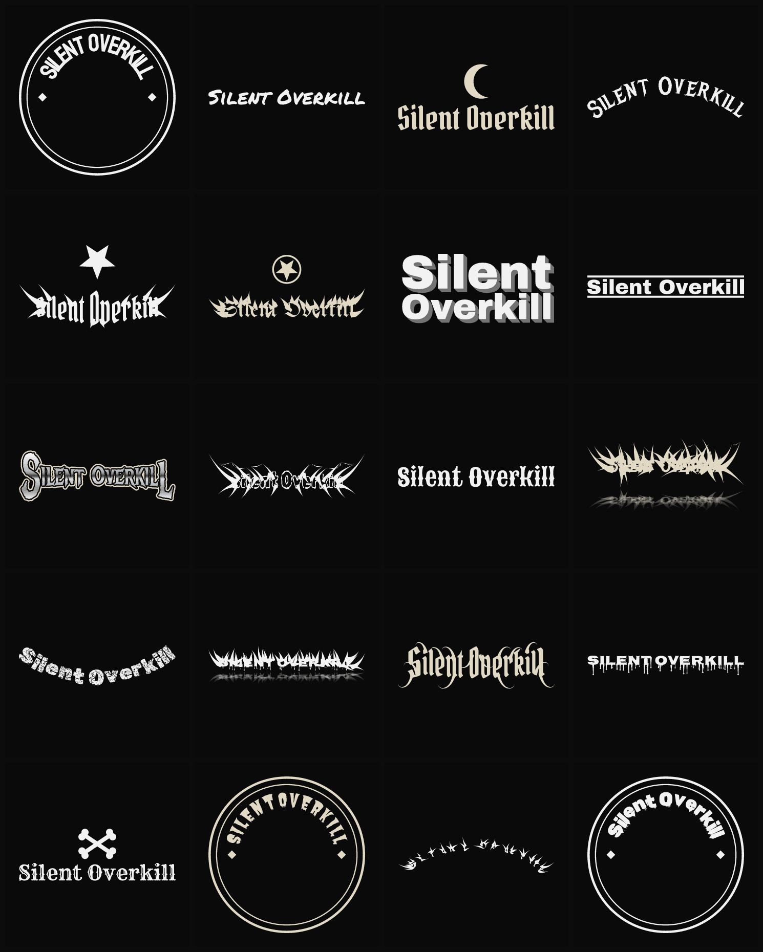 Twenty Silent Overkill band logo ideas — different faces, treatments and spike settings