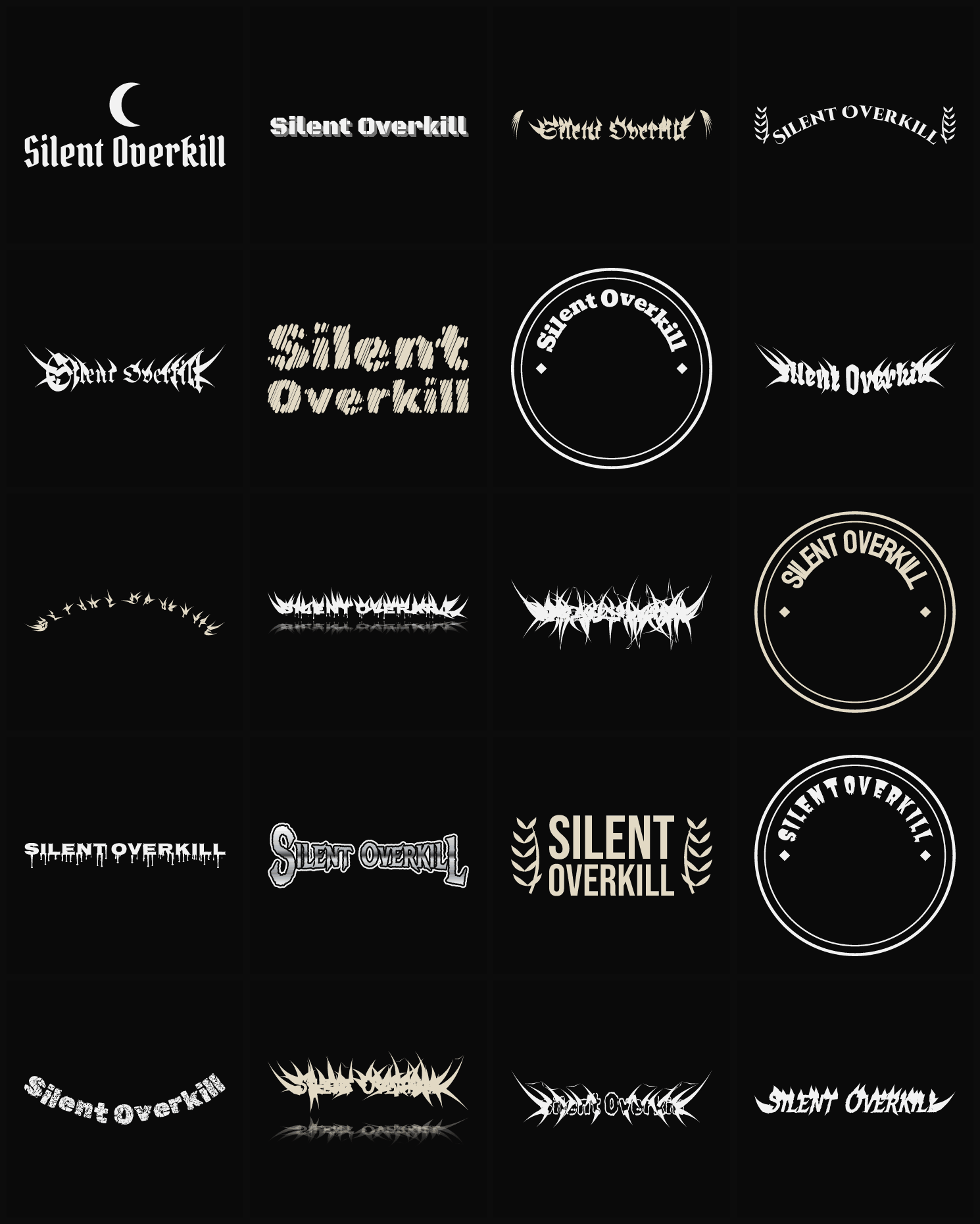 Twenty Silent Overkill band logo ideas — different faces, treatments and spike settings