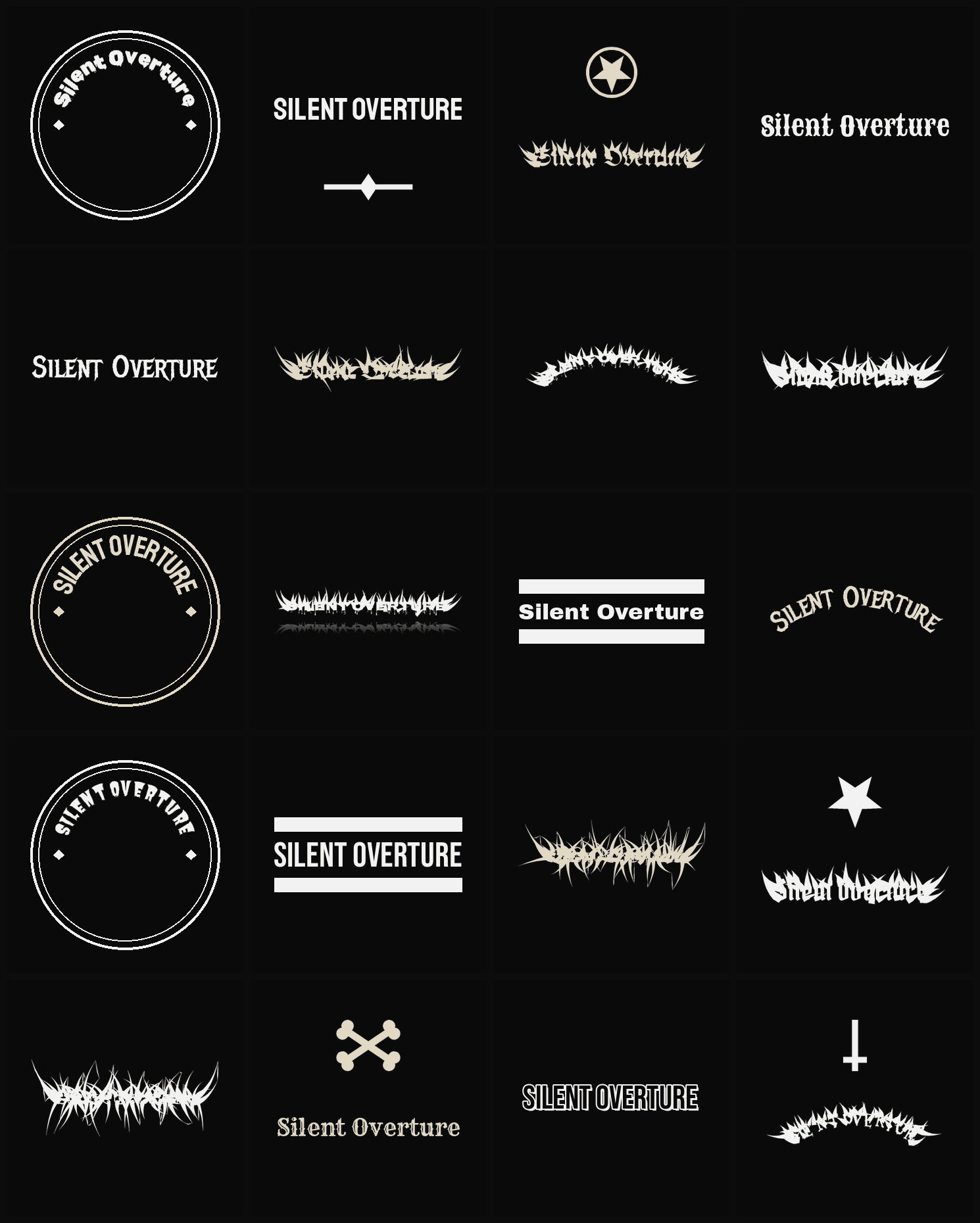 Twenty Silent Overture band logo ideas — different faces, treatments and spike settings
