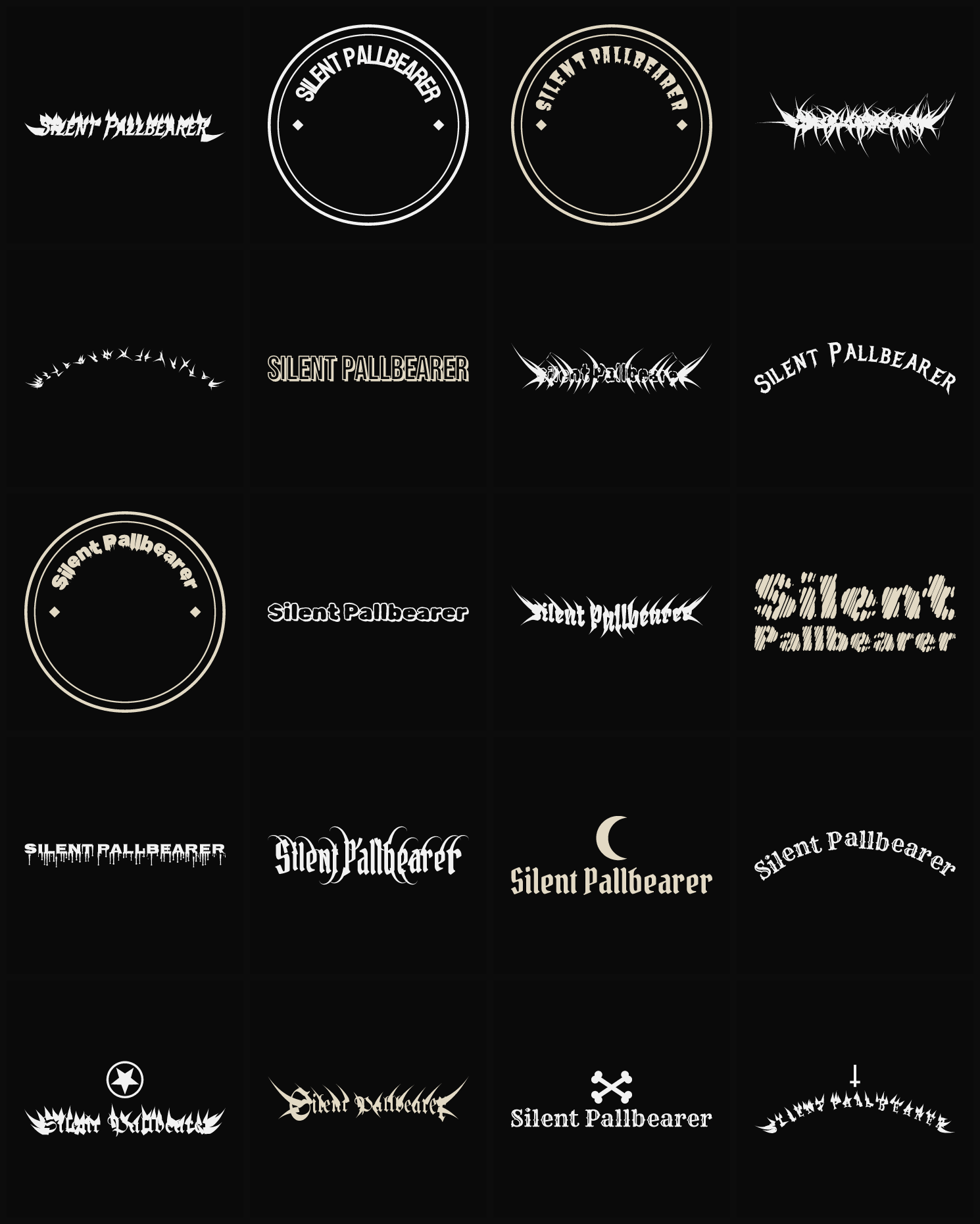 Twenty Silent Pallbearer band logo ideas — different faces, treatments and spike settings