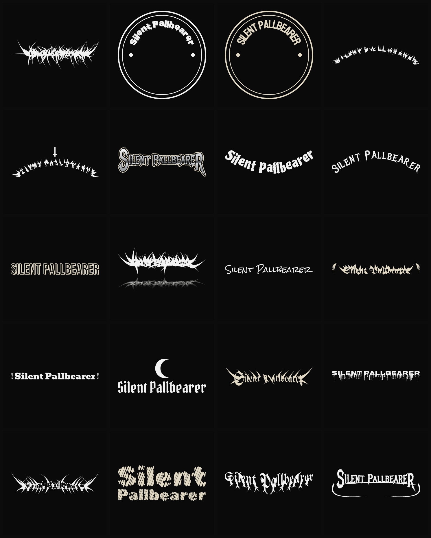 Twenty Silent Pallbearer band logo ideas — different faces, treatments and spike settings