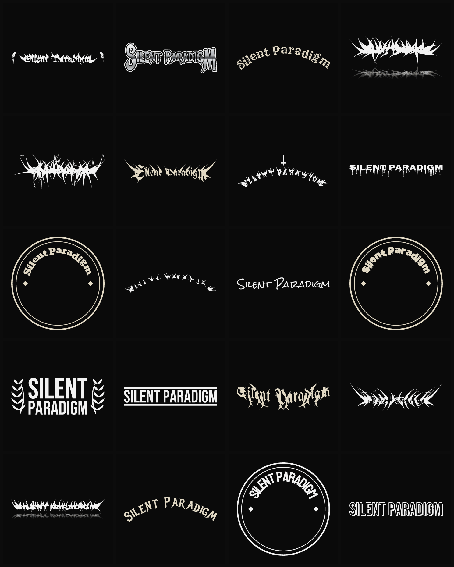 Twenty Silent Paradigm band logo ideas — different faces, treatments and spike settings