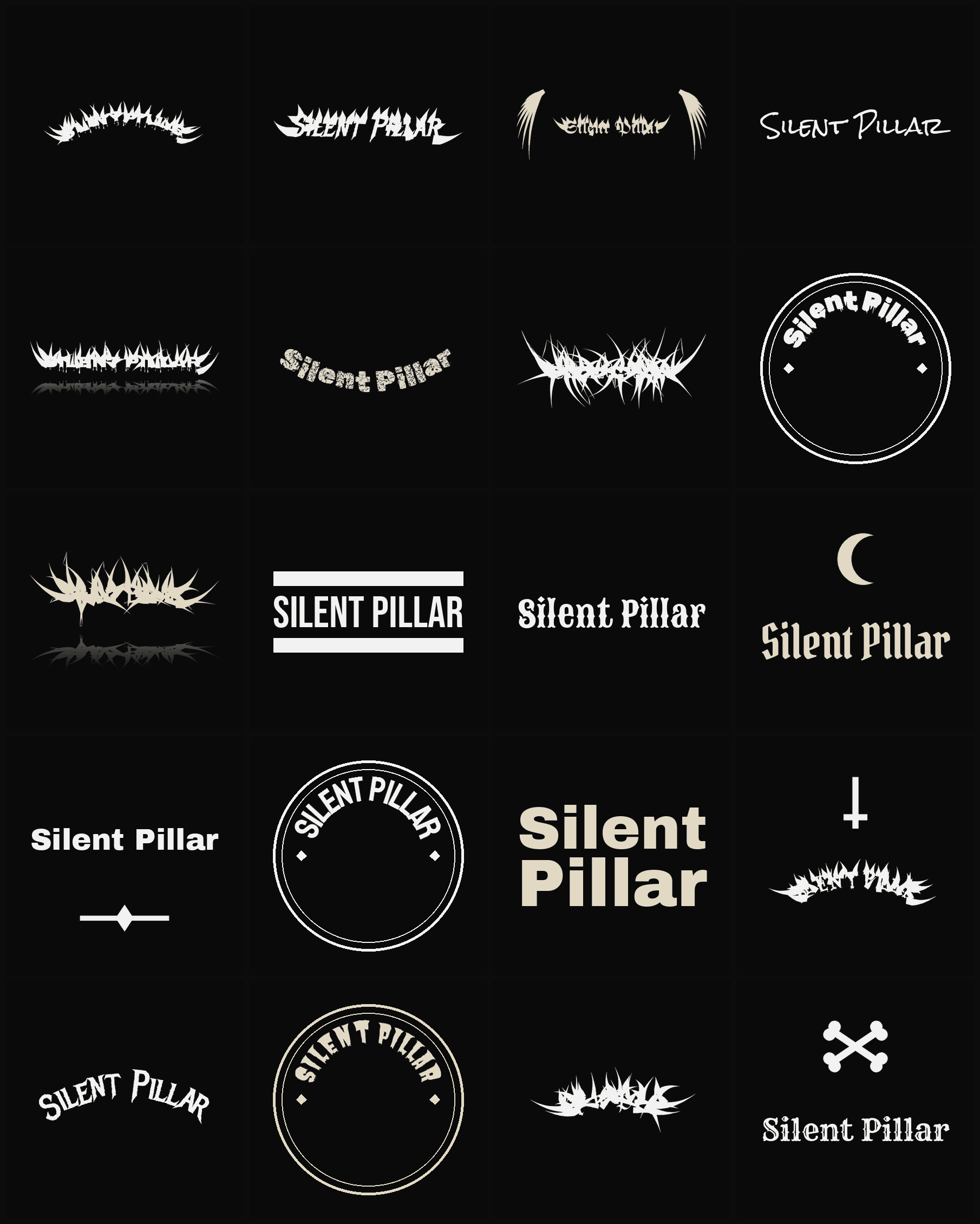 Twenty Silent Pillar band logo ideas — different faces, treatments and spike settings