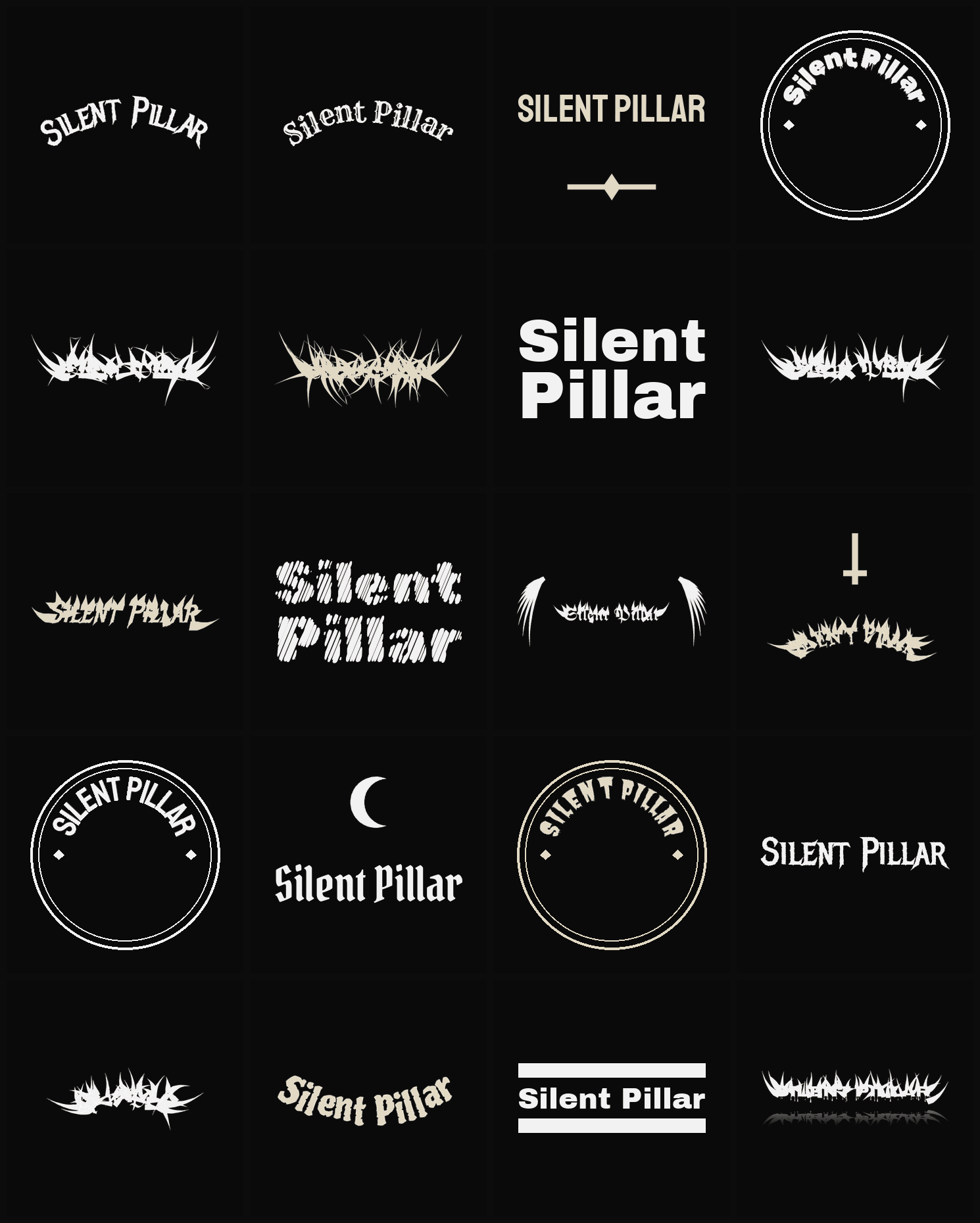 Twenty Silent Pillar band logo ideas — different faces, treatments and spike settings
