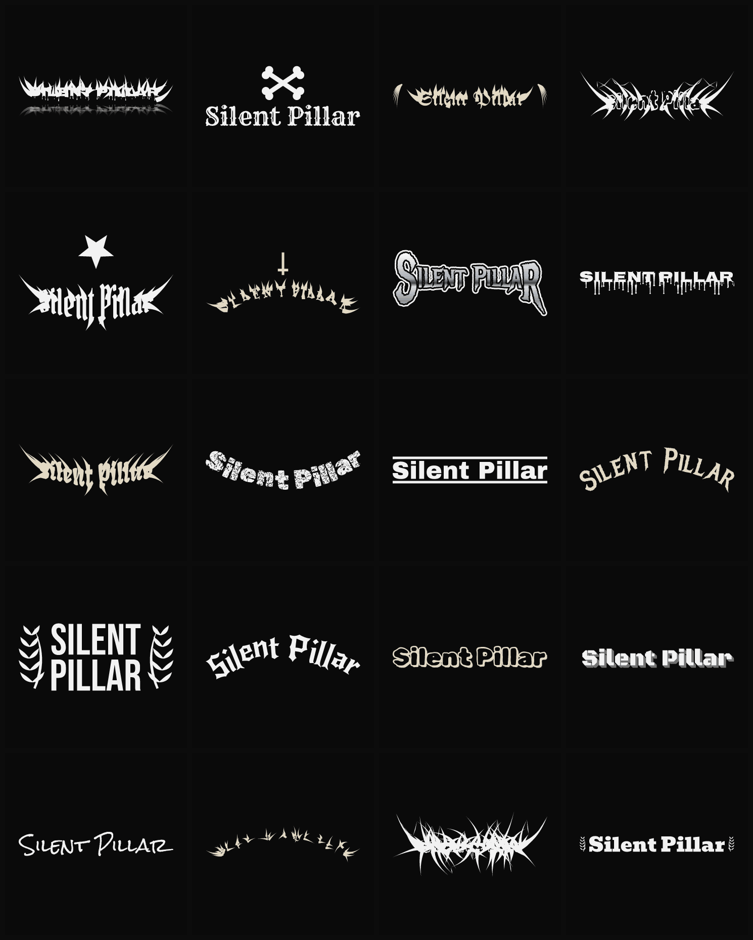 Twenty Silent Pillar band logo ideas — different faces, treatments and spike settings