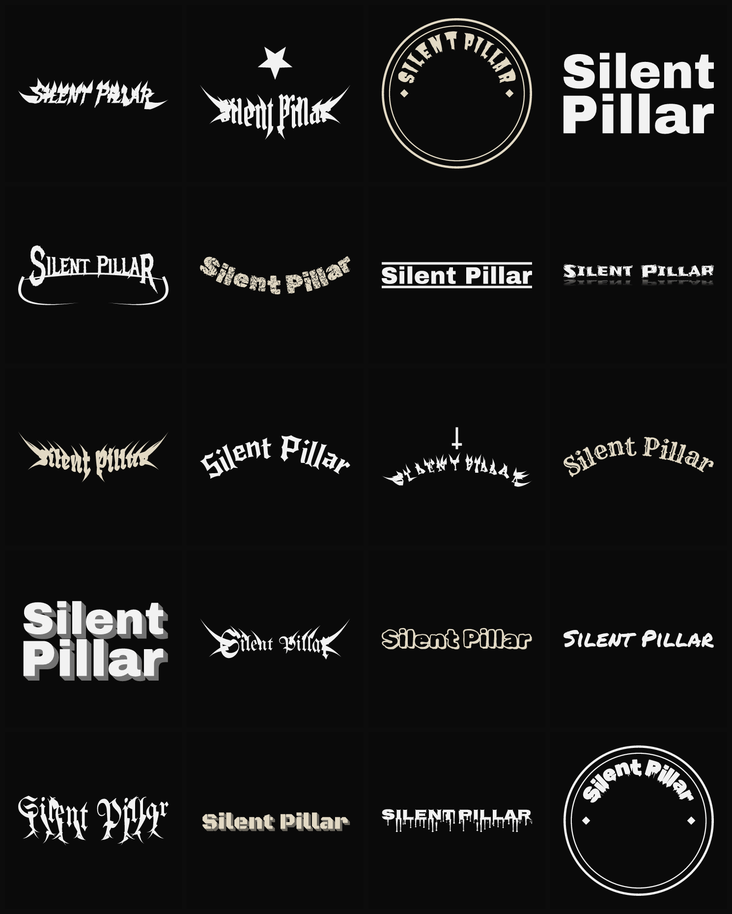 Twenty Silent Pillar band logo ideas — different faces, treatments and spike settings