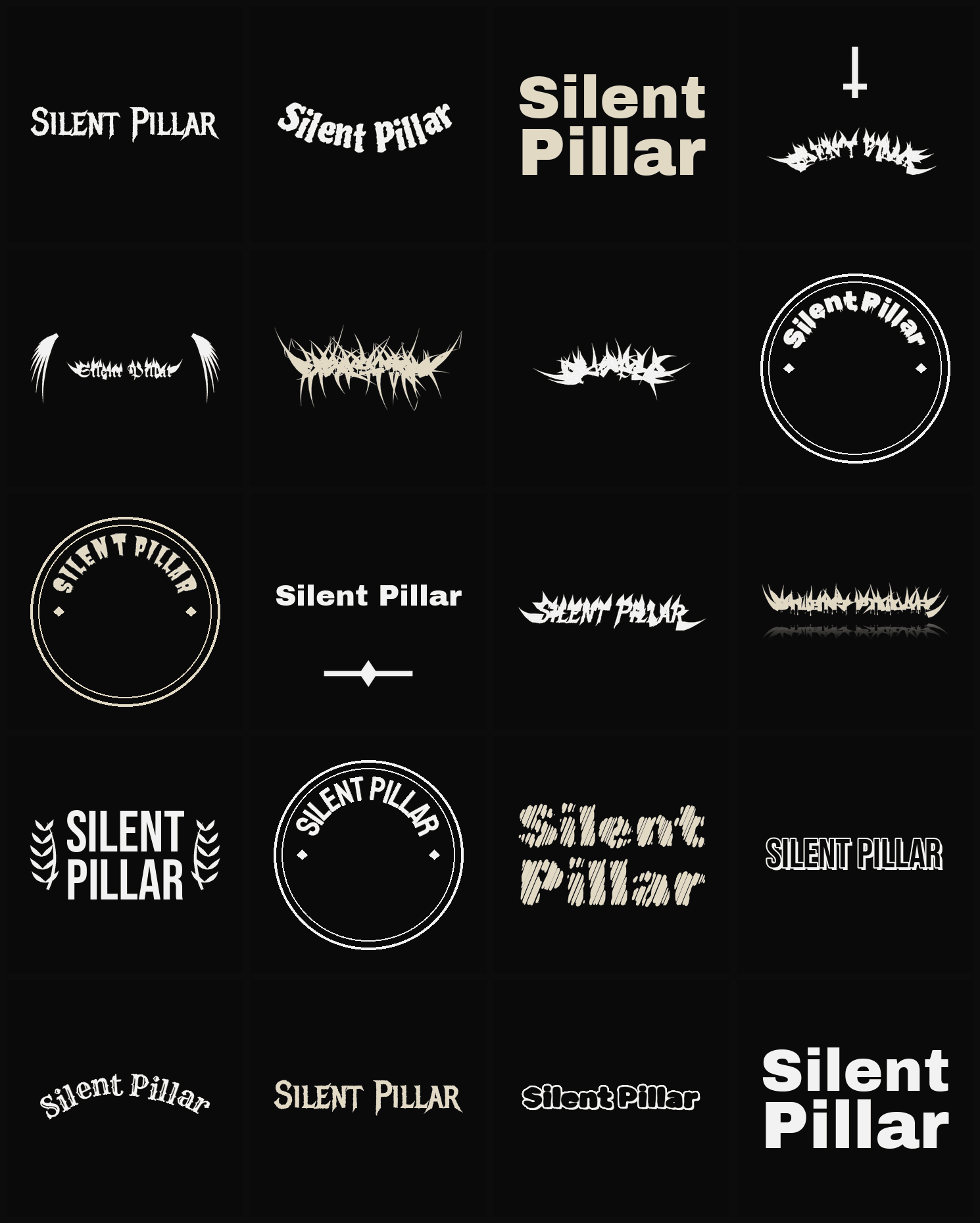 Twenty Silent Pillar band logo ideas — different faces, treatments and spike settings