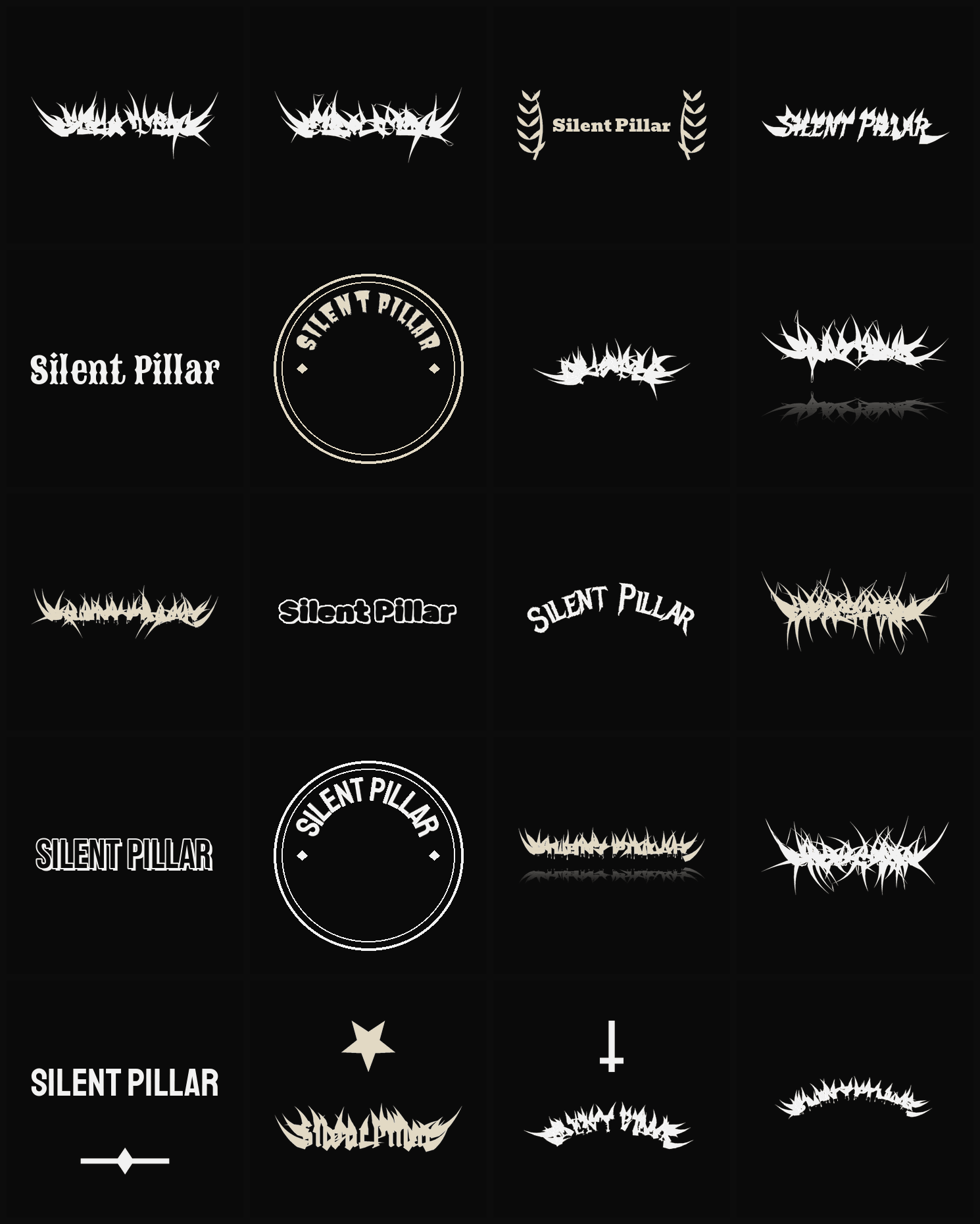 Twenty Silent Pillar band logo ideas — different faces, treatments and spike settings