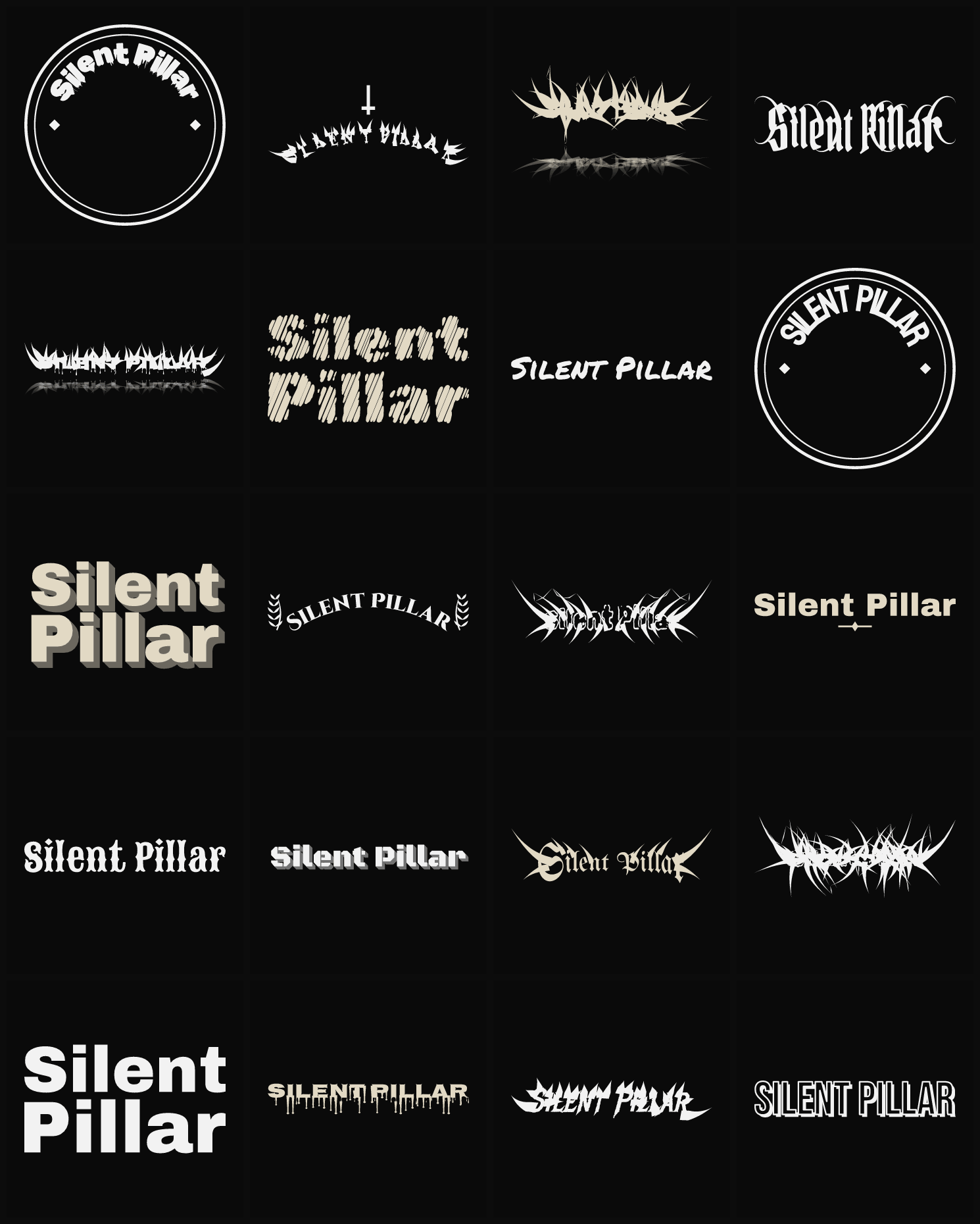 Twenty Silent Pillar band logo ideas — different faces, treatments and spike settings