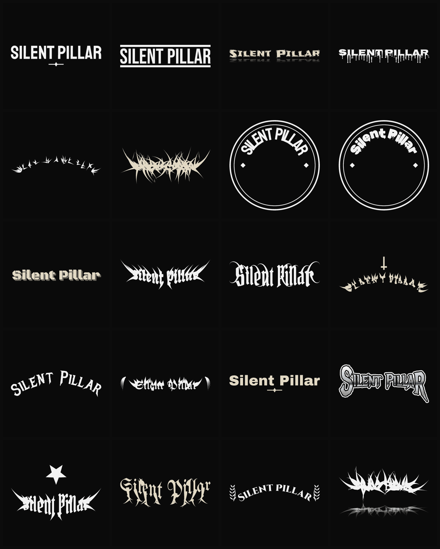 Twenty Silent Pillar band logo ideas — different faces, treatments and spike settings