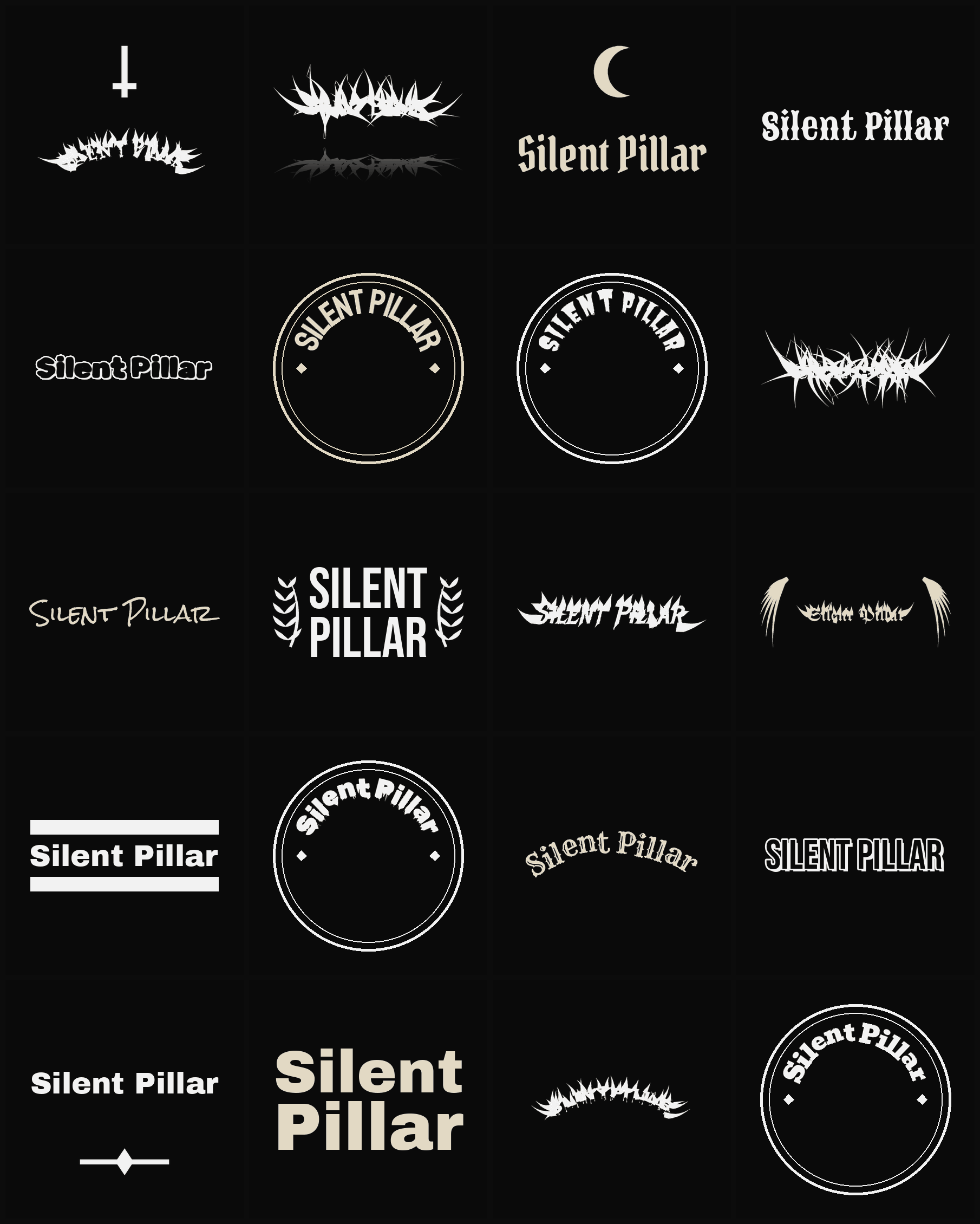 Twenty Silent Pillar band logo ideas — different faces, treatments and spike settings