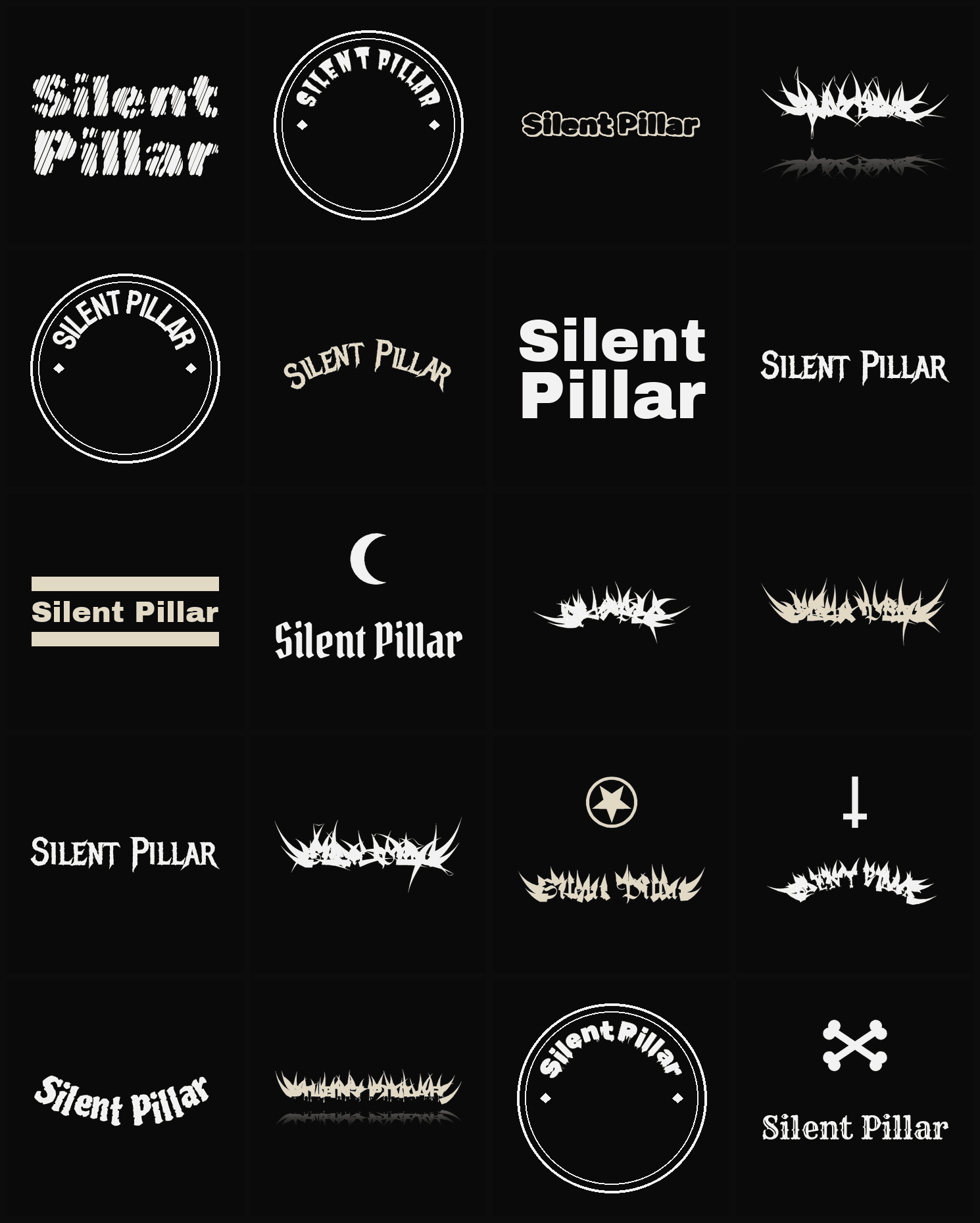Twenty Silent Pillar band logo ideas — different faces, treatments and spike settings