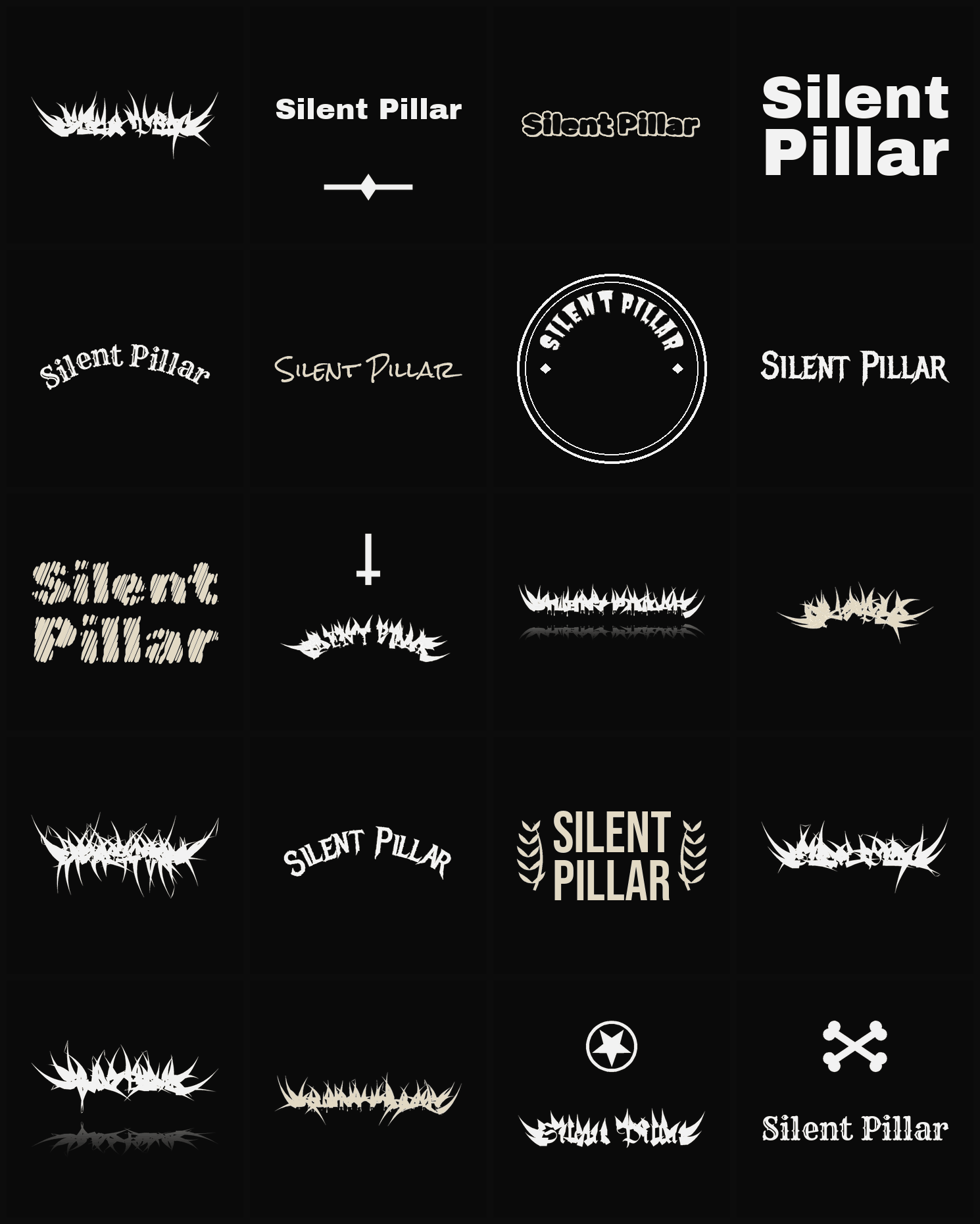 Twenty Silent Pillar band logo ideas — different faces, treatments and spike settings