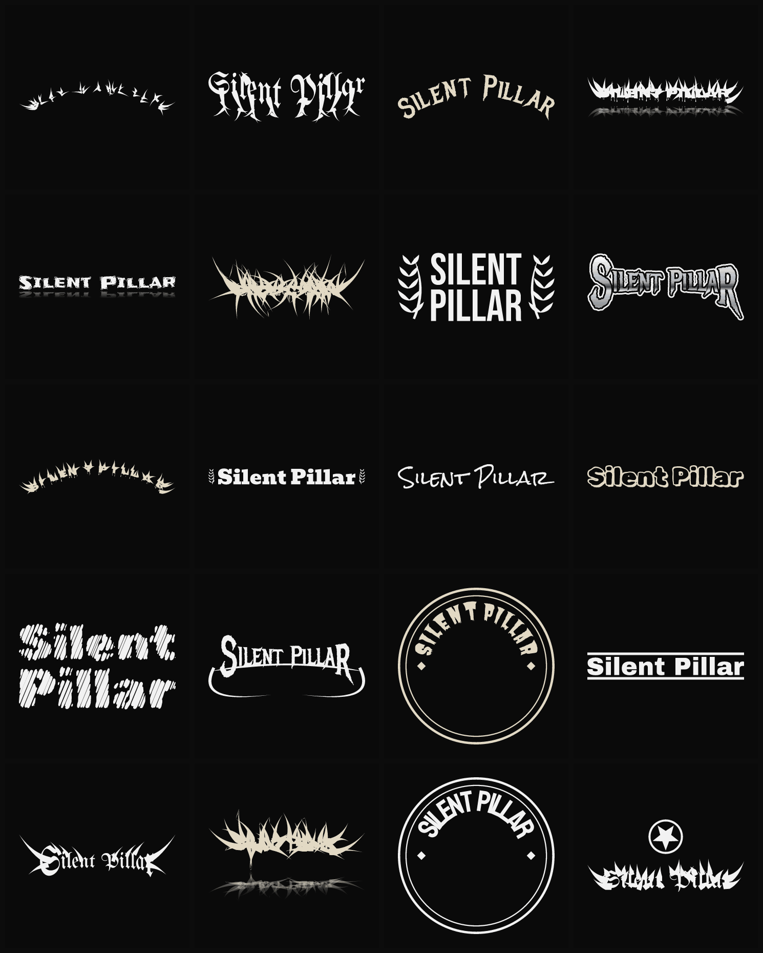 Twenty Silent Pillar band logo ideas — different faces, treatments and spike settings