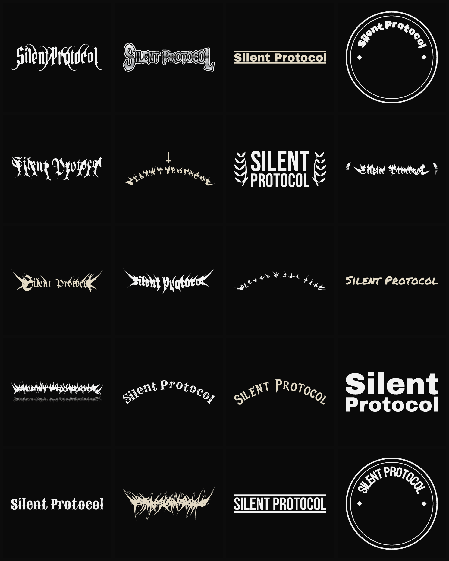 Twenty Silent Protocol band logo ideas — different faces, treatments and spike settings