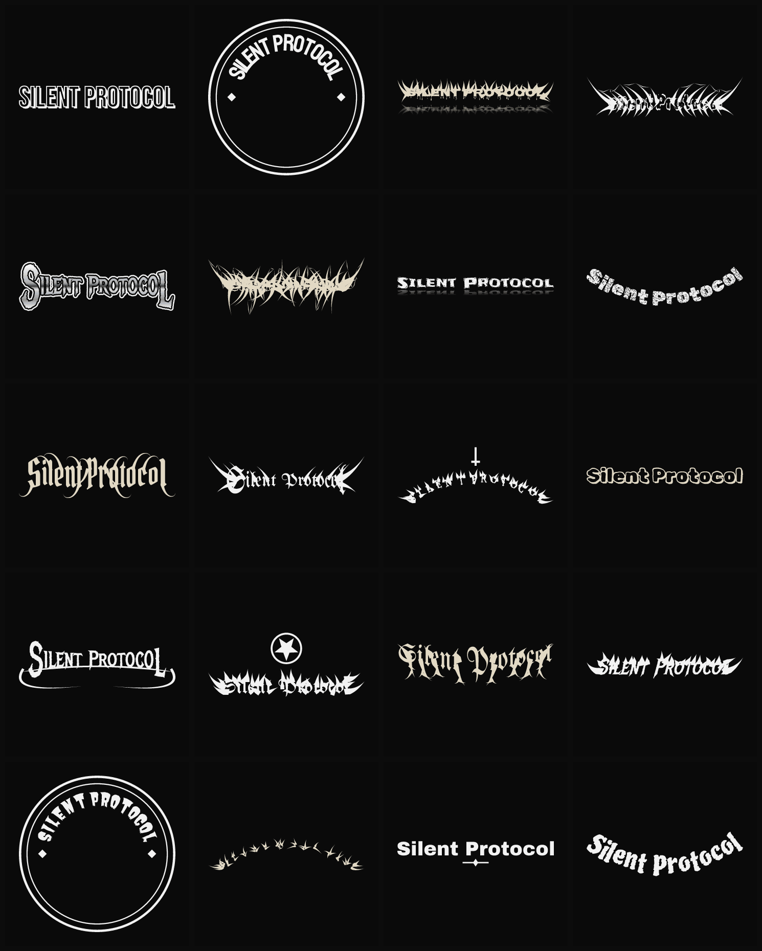 Twenty Silent Protocol band logo ideas — different faces, treatments and spike settings